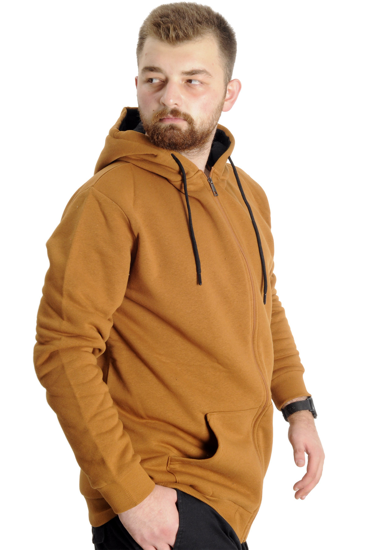 ModeXL Mode XL Büyük Beden Erkek Sweat Kapşon Cep Zippered Basic 20543 Camel görsel 3