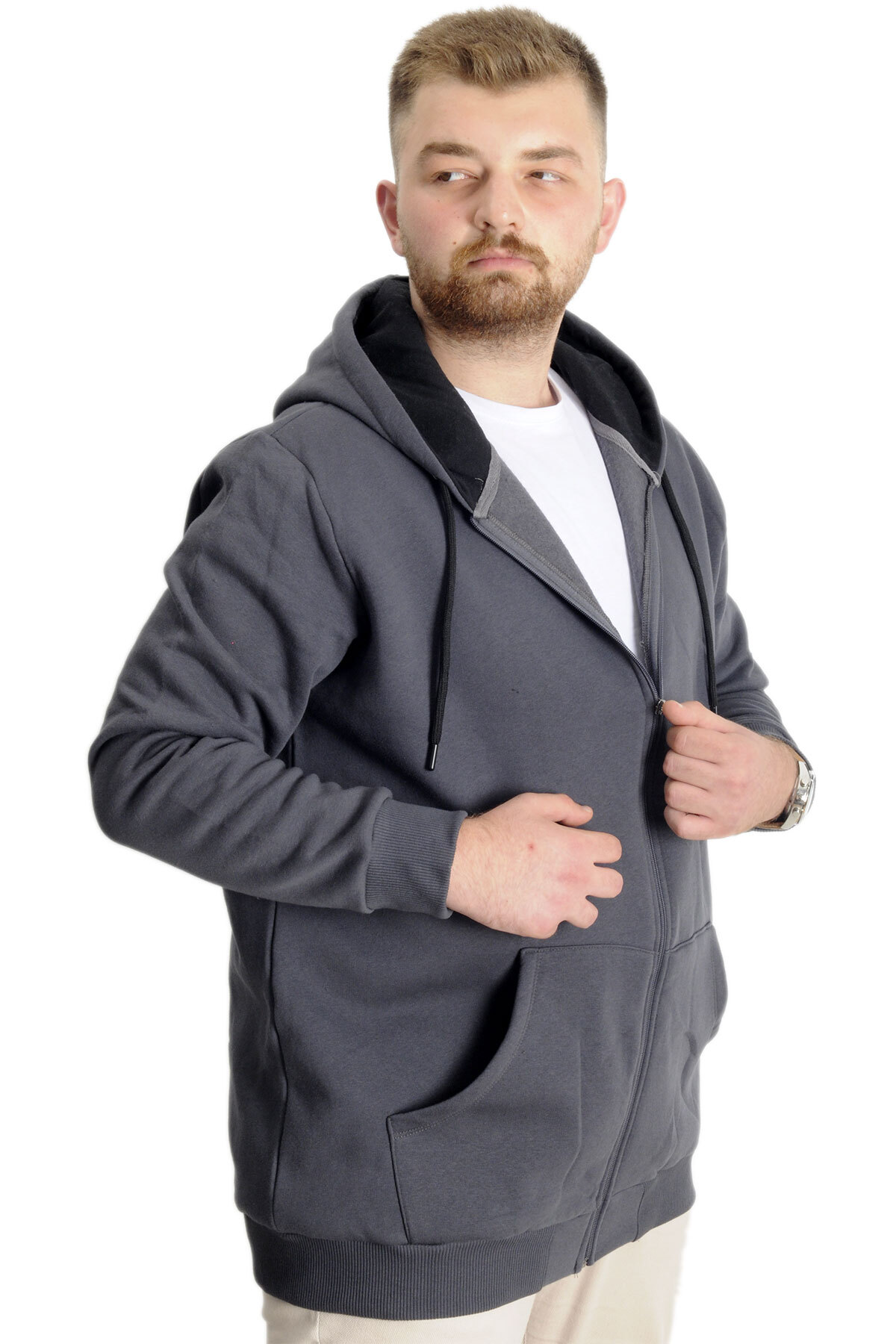 ModeXL Mode XL Büyük Beden Erkek Sweat Zippered Basic 20543 Füme görsel 3