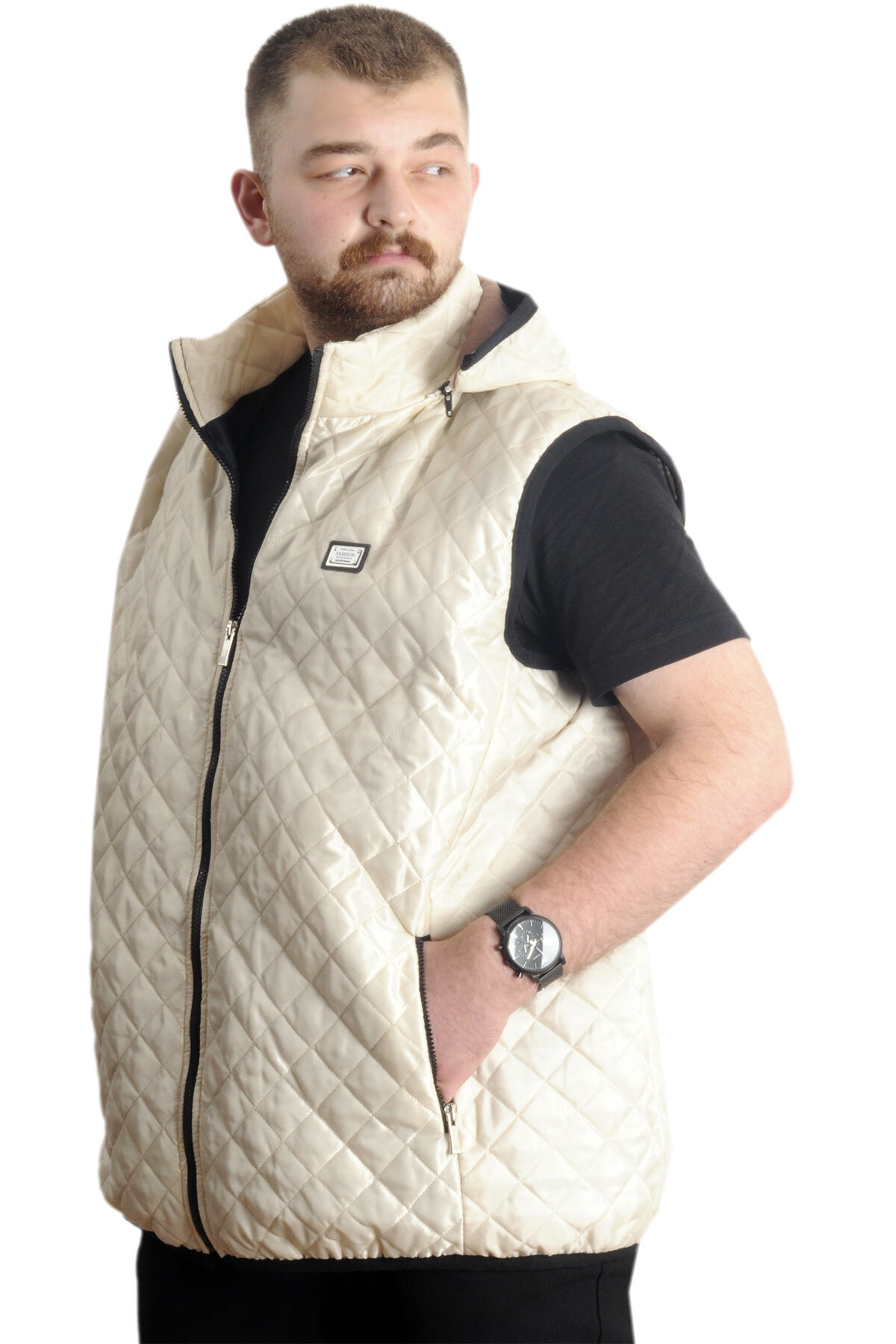 ModeXL Mode XL Büyük Beden Erkek Kapitone Yelek Kapüşonlu 23712 Bej görsel 2