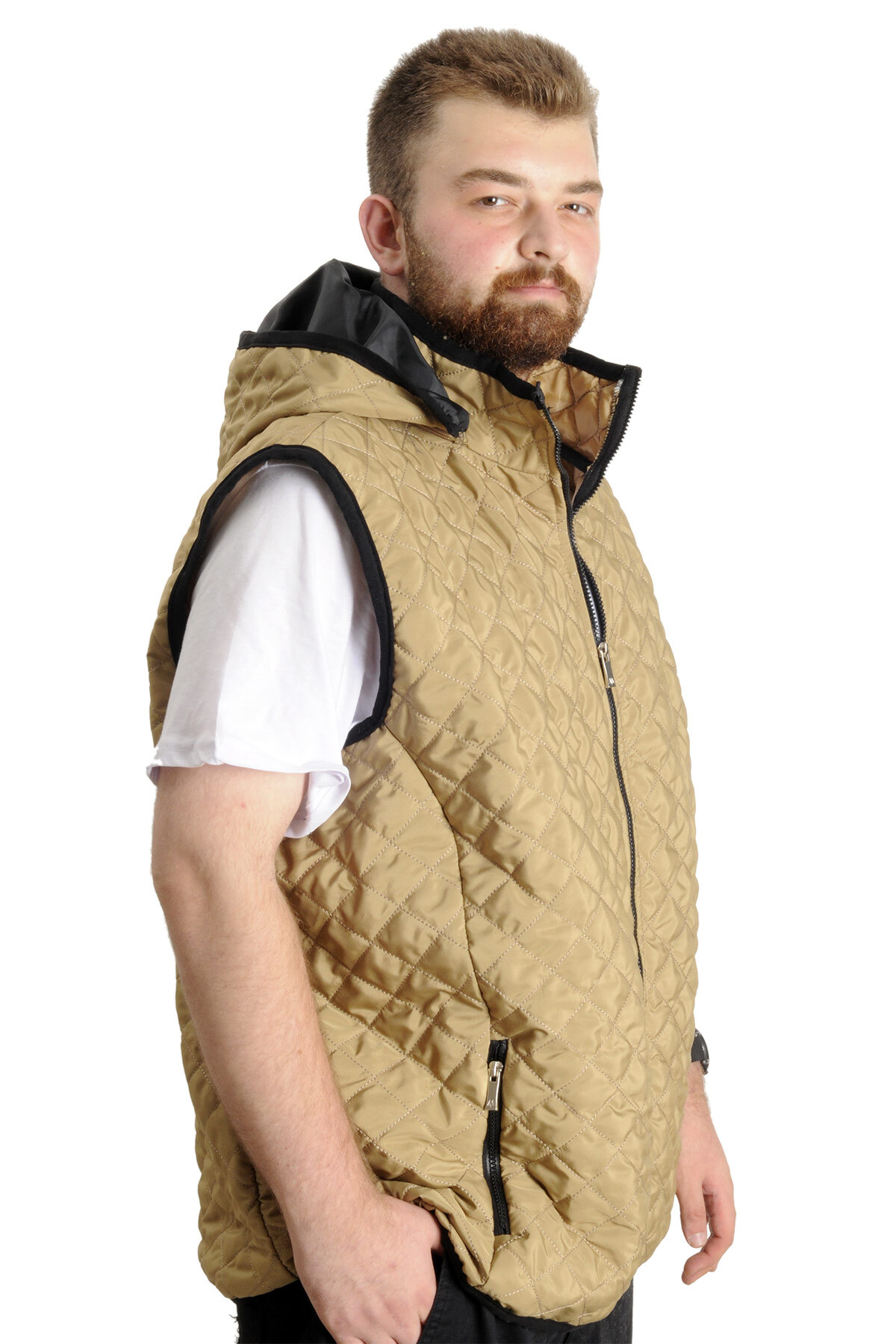ModeXL Mode XL Büyük Beden Erkek Yelek Kapüşonlu Kapitone 23710 Sütlü Kahve görsel 3