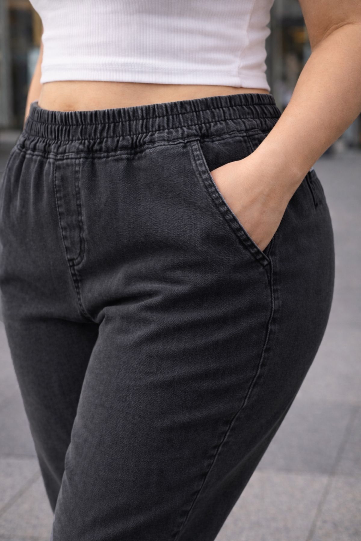 CEDY DENIM  - Büyük Beden Likralı, Beli Lastikli Jean Pantolon C636-Antrasit - Görsel 4