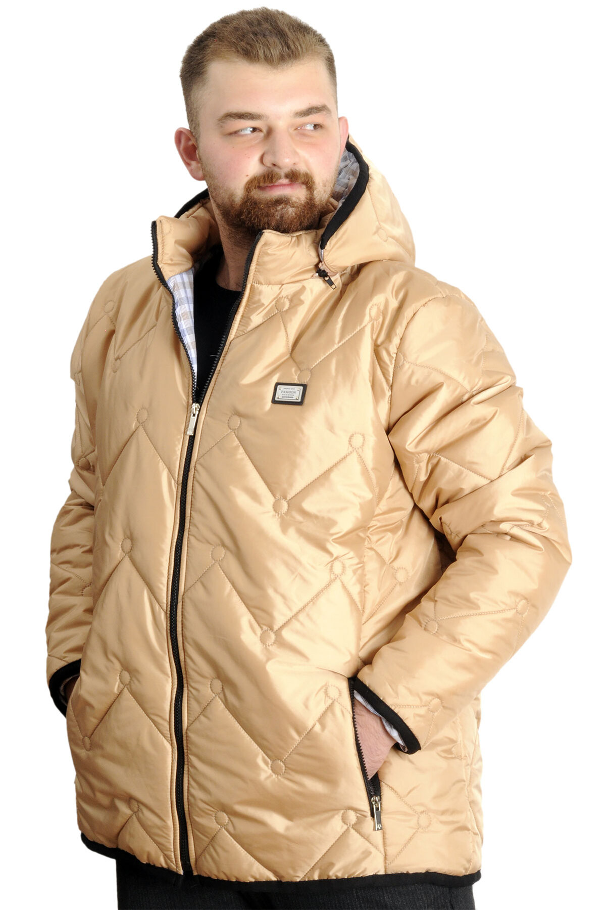 ModeXL Mode XL Büyük Beden Erkek Şişme Mont Fermuarlı Kapüşonlu 23657 Bej görsel 2