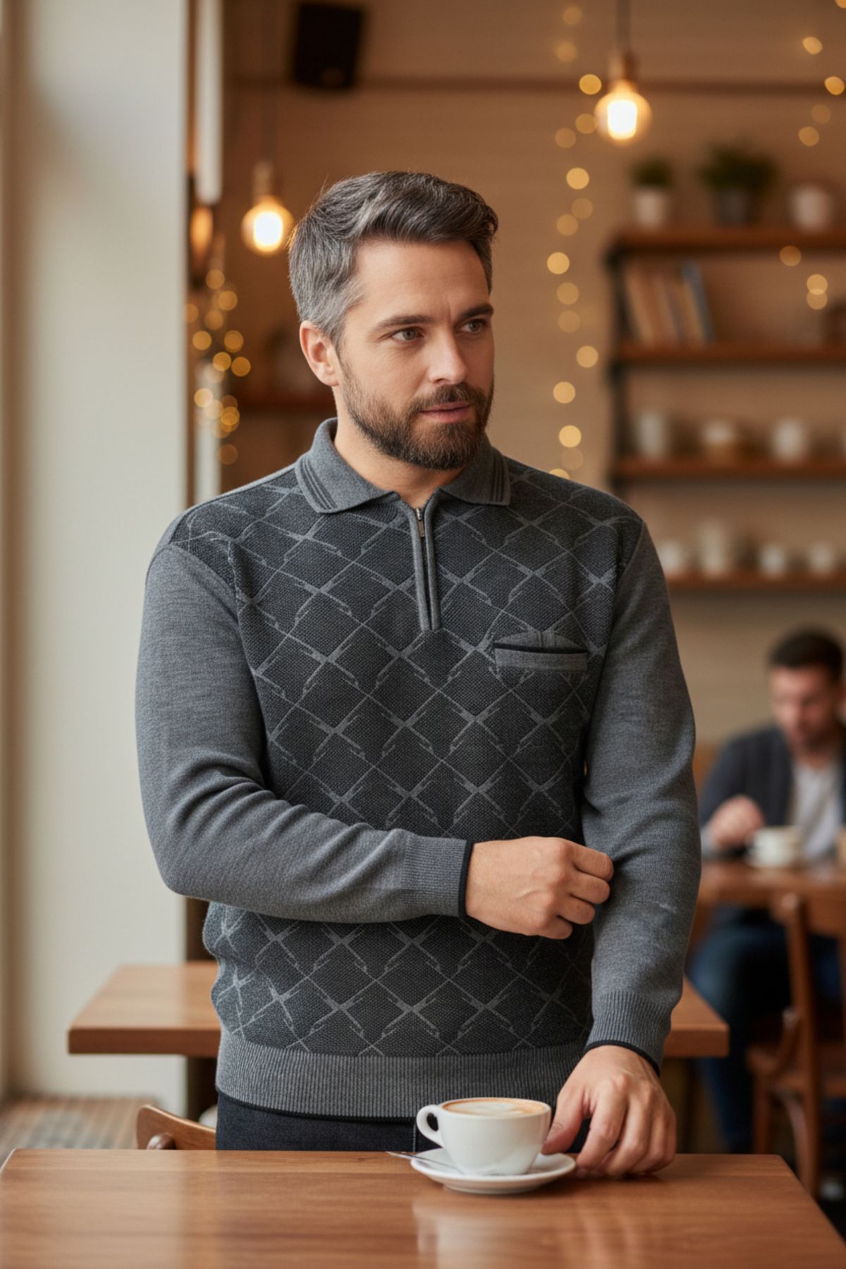 Kamalı  Erkek Gri Tüylenme Yapmayan Anti Pilling Özellikli Standart Fit Polo Yaka Cepli Triko Kazak - Görsel 7