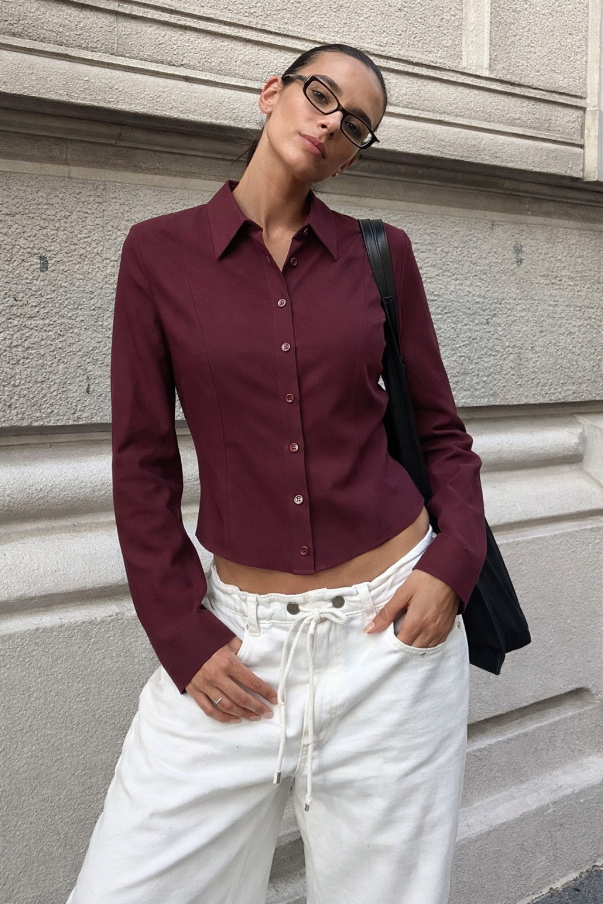 Hola Lady  Bordo Uzun Kollu Vücuda Oturan Gömlek HL150