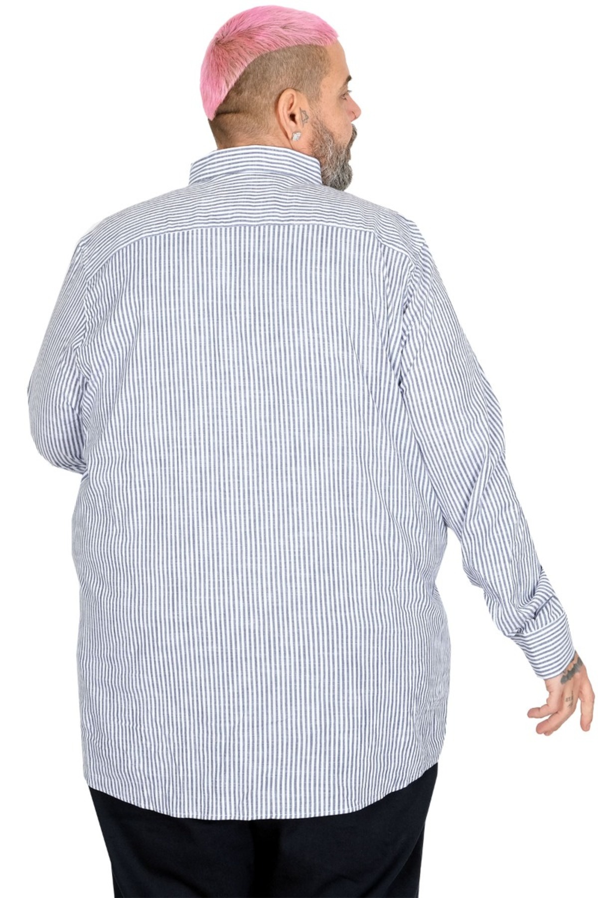 ModeXL Mode XL Büyük Beden EKSTRA UZUN BOY Keten Likralı Gömlek 20384 LACİVERT görsel 4