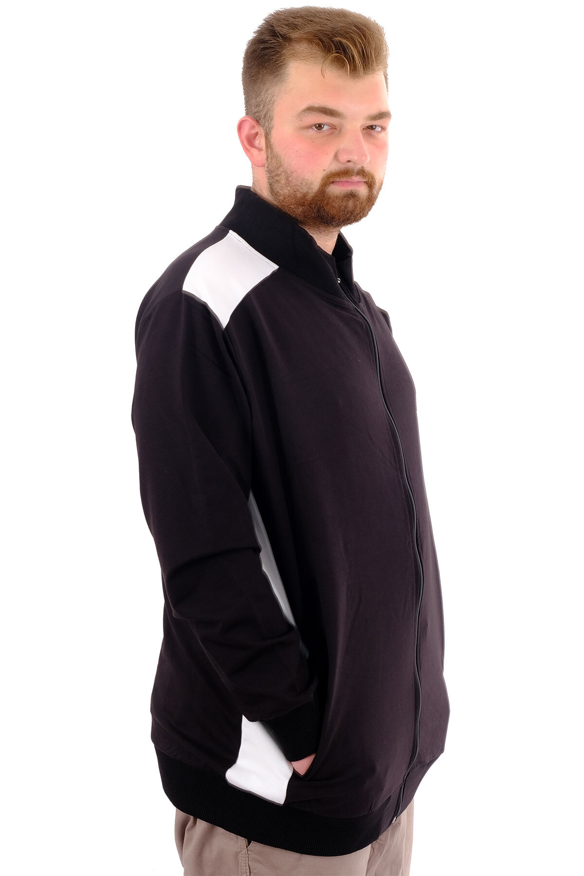 ModeXL Mode XL Büyük Beden Erkek Eşofman Üstü Dik Yaka Fermuarlı BROOKLYN U24522 Siyah-Ekru görsel 3