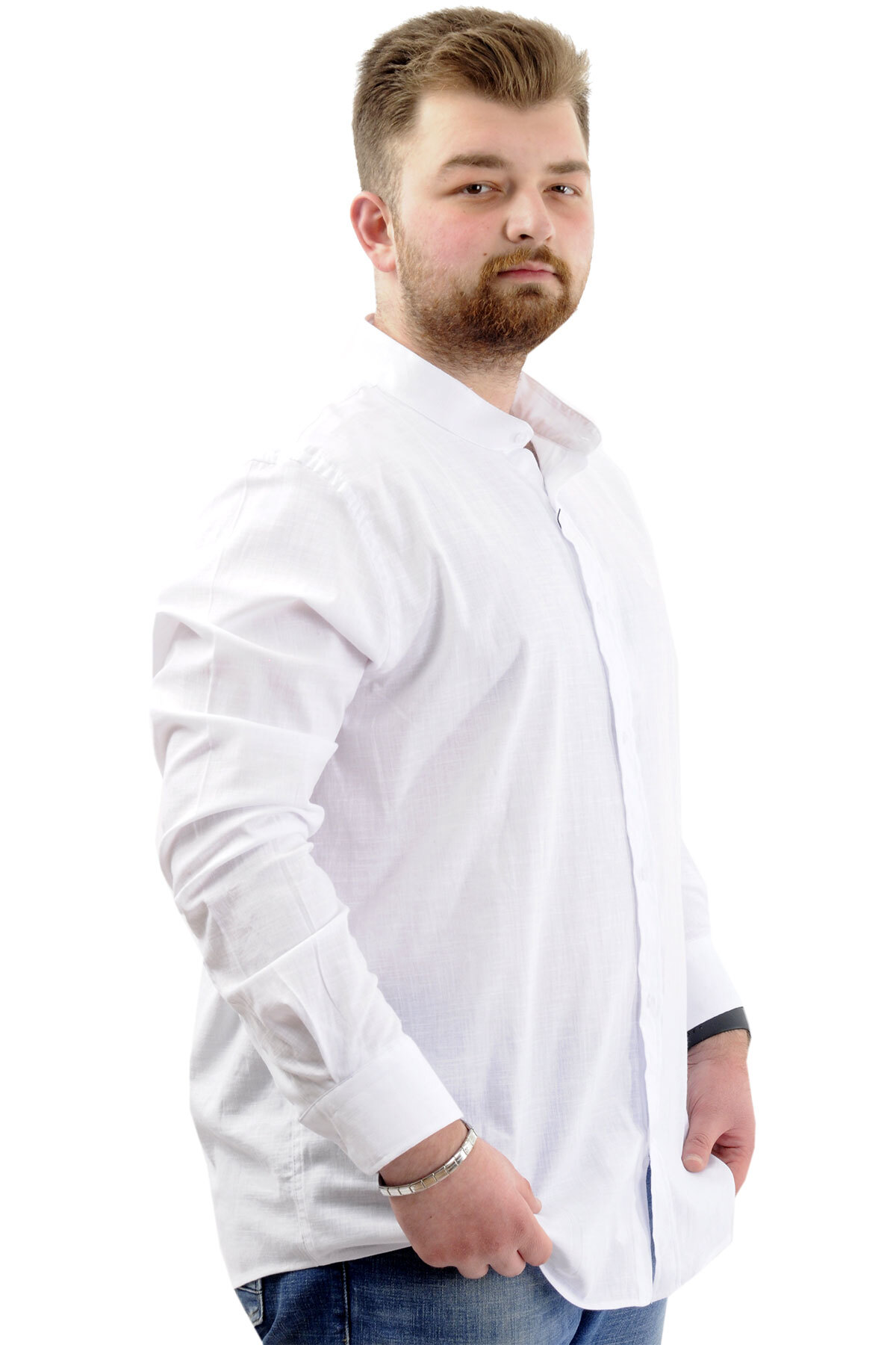 ModeXL Mode XL Büyük Beden Erkek Gömlek Uzun Kol Likralı Keten Gömlek U20385 Beyaz görsel 3