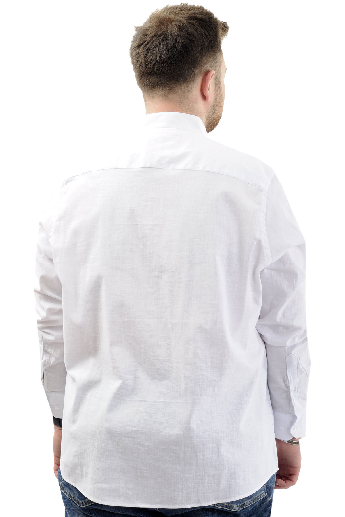 ModeXL Mode XL Büyük Beden Erkek Gömlek Uzun Kol Likralı Keten Gömlek U20385 Beyaz görsel 4