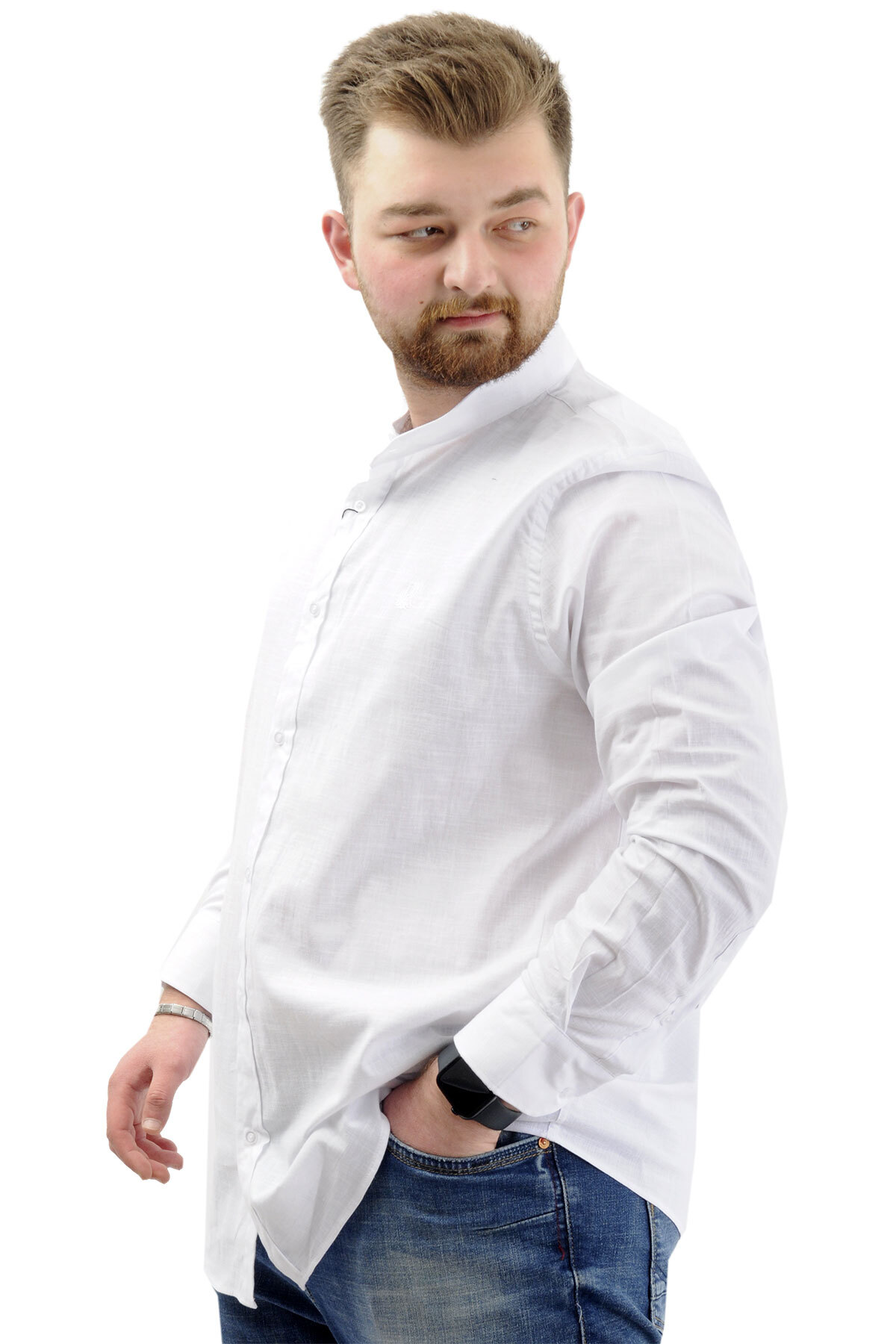 ModeXL Mode XL Büyük Beden Erkek Gömlek Uzun Kol Likralı Keten Gömlek U20385 Beyaz görsel 2