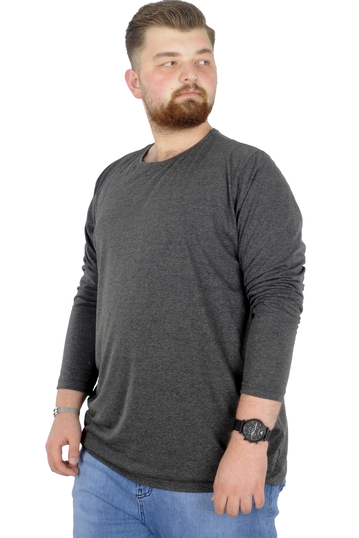 ModeXL Mode XL Büyük Beden Erkek Tshirt Likralı Bisiklet Yaka 20102 Antramelanj görsel 3