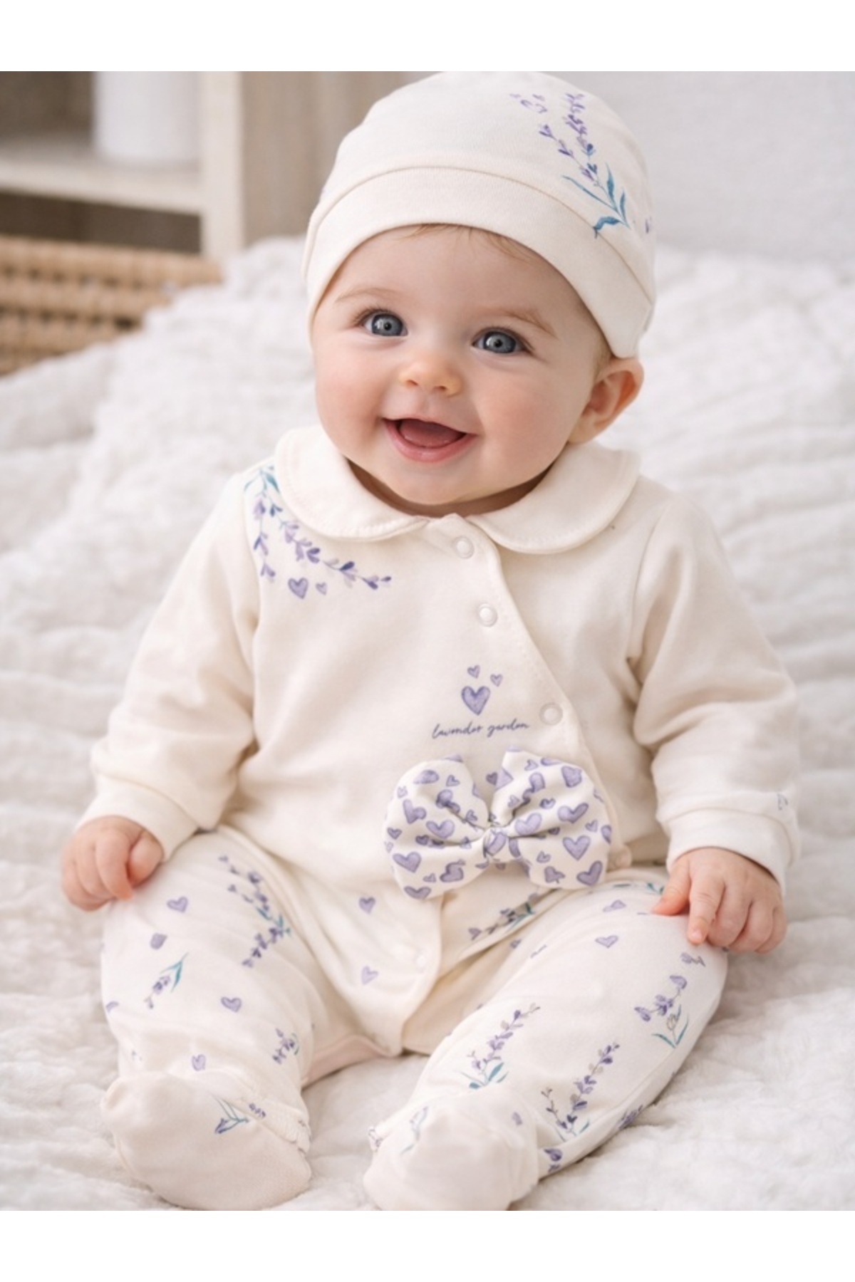 limebabies Kız Bebek Lavanta Bahçesi %100 Pamuk Şapkalı Tulum Seti fotoğrafı 5 (önizleme)