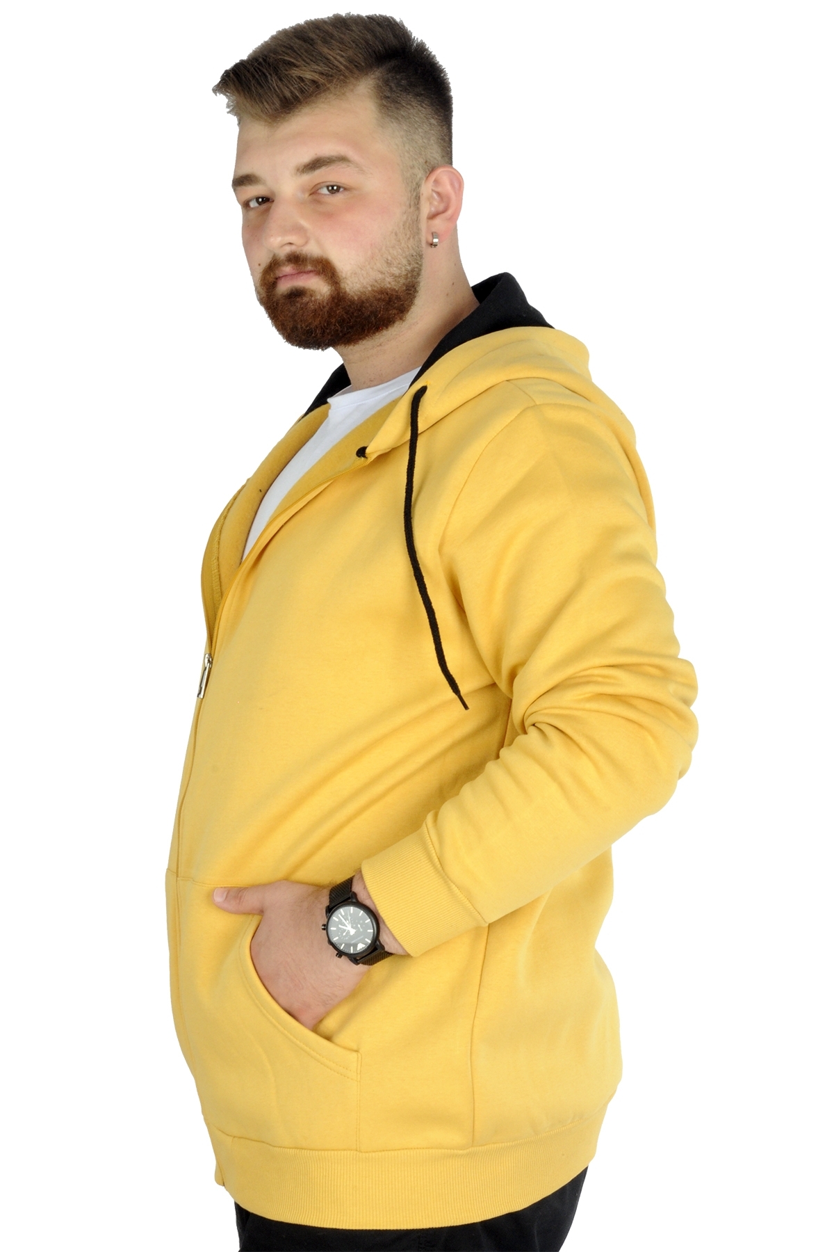 ModeXL Mode XL Erkek Sweatshirt Kapşonlu Zippered Basic 20543 Hardal görsel 2