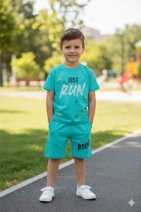 coppa kids Run Baskılı Penye Şort- T-shirt Kız-erkek Takım - Coppa - Su Yeşil...