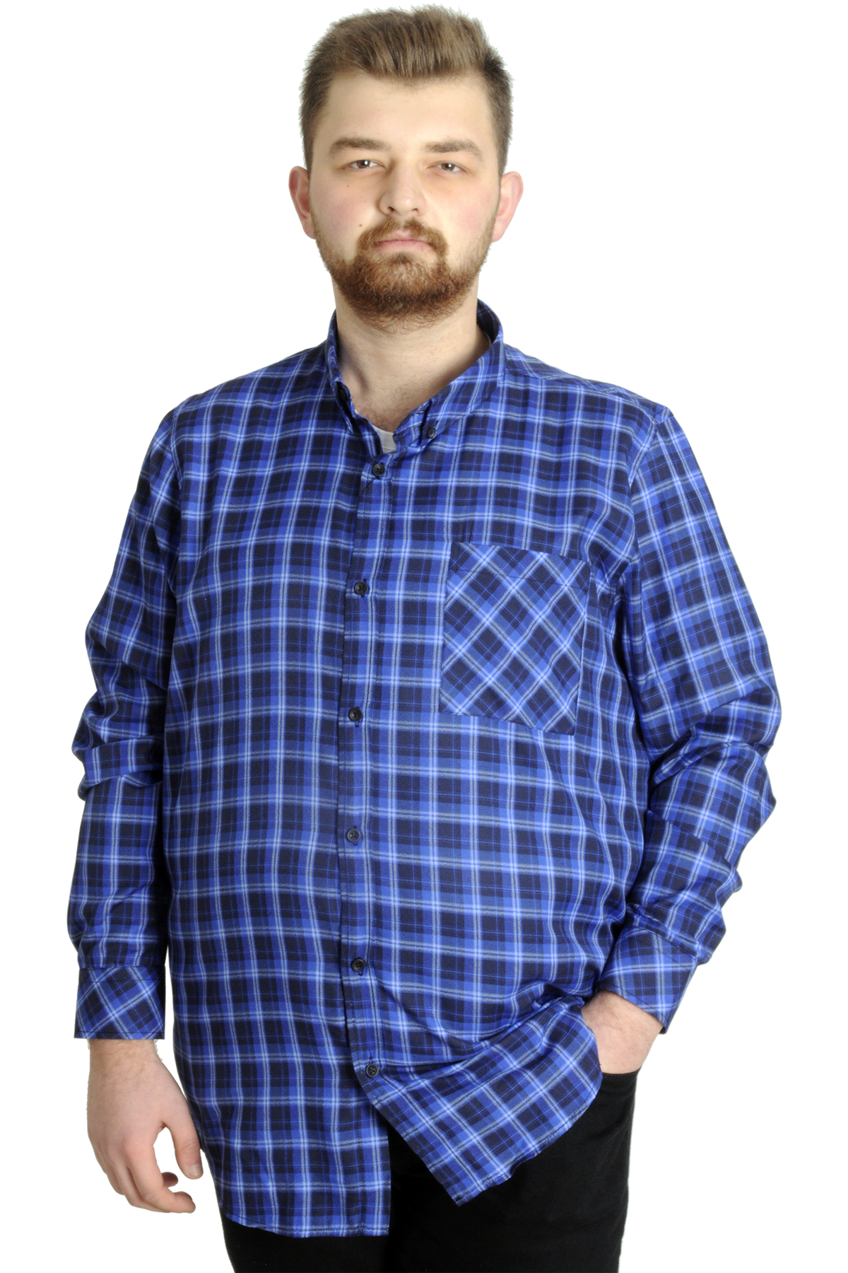 ModeXL Mode XL Büyük Beden Erkek Gömlek Ekose Uzun Kollu 23300 İndigo