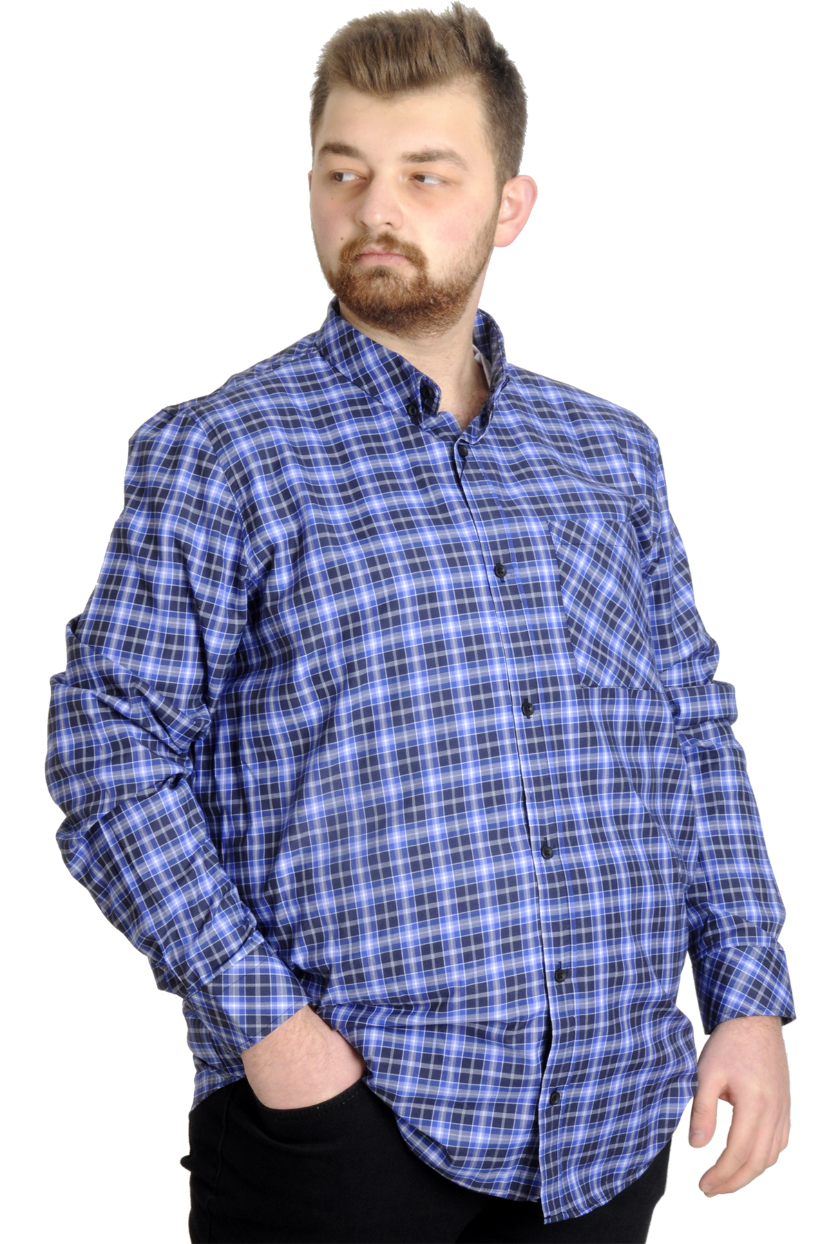 ModeXL Mode XL Büyük Beden Erkek Gömlek Ekose Uzun Kollu 23300 Koyu Saks görsel 3