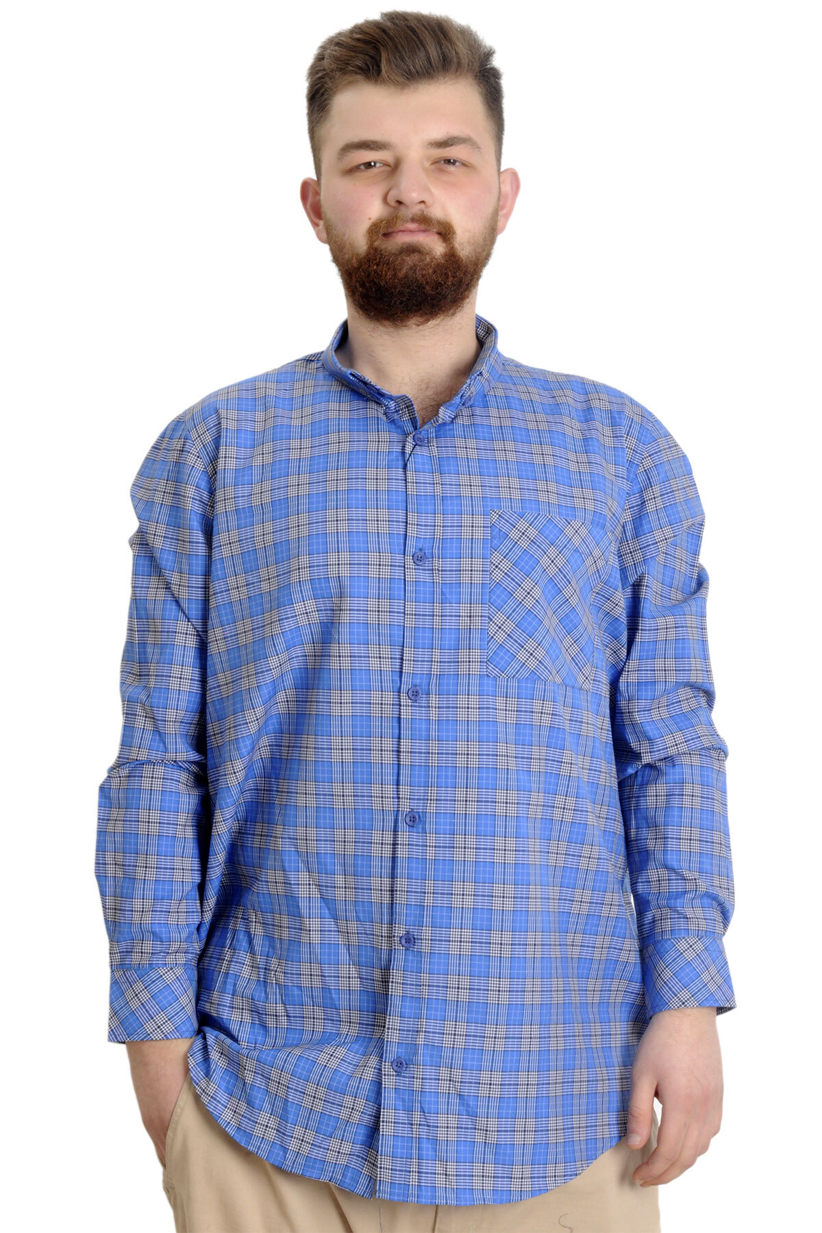 ModeXL Mode XL Büyük Beden Erkek Gömlek Ekose Uzun Kollu 23300 Açık Saks