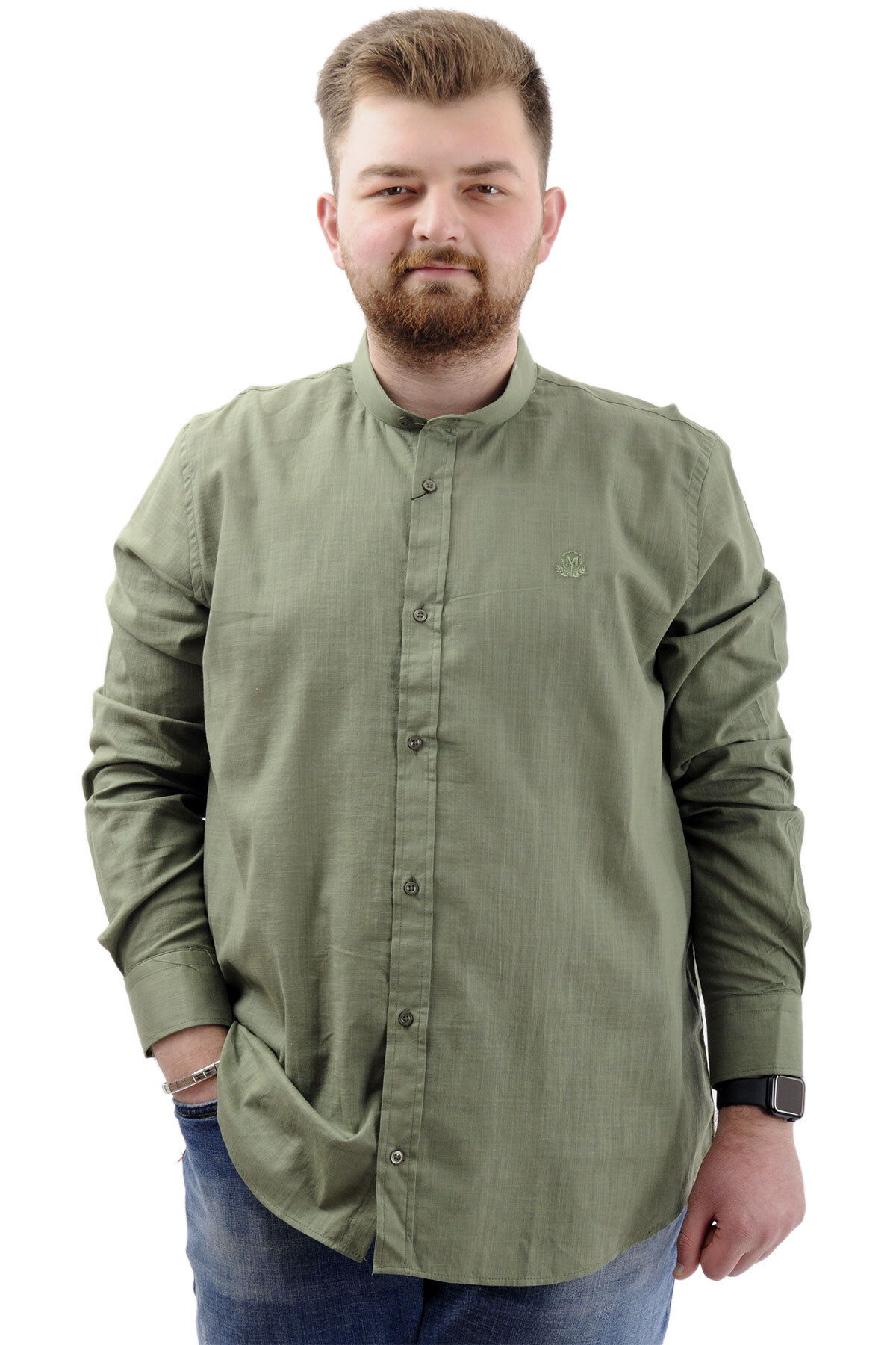 ModeXL Mode XL Büyük Beden Erkek Gömlek Uzun Kol Likralı Keten Gömlek U20385 Haki
