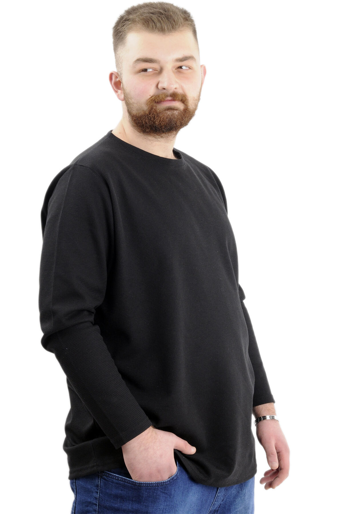 ModeXL Mode XL Büyük Beden Erkek Sweatshirt Bisiklet Yaka Uzun Kol WAFFLE 23460 Siyah görsel 3