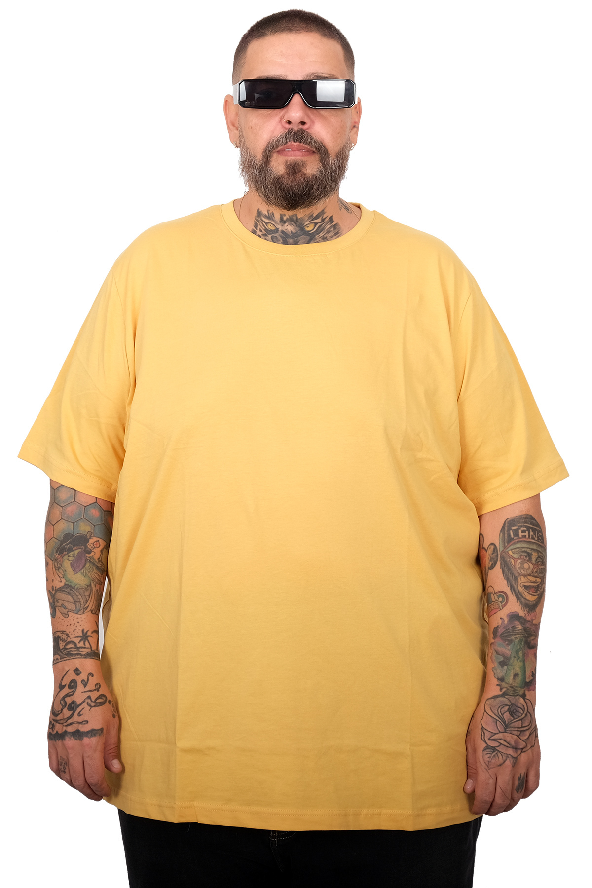 ModeXL Büyük Beden Erkek Bisiklet Yaka Basic T-Shirt %100 Pamuk 20031 hardal görsel 2