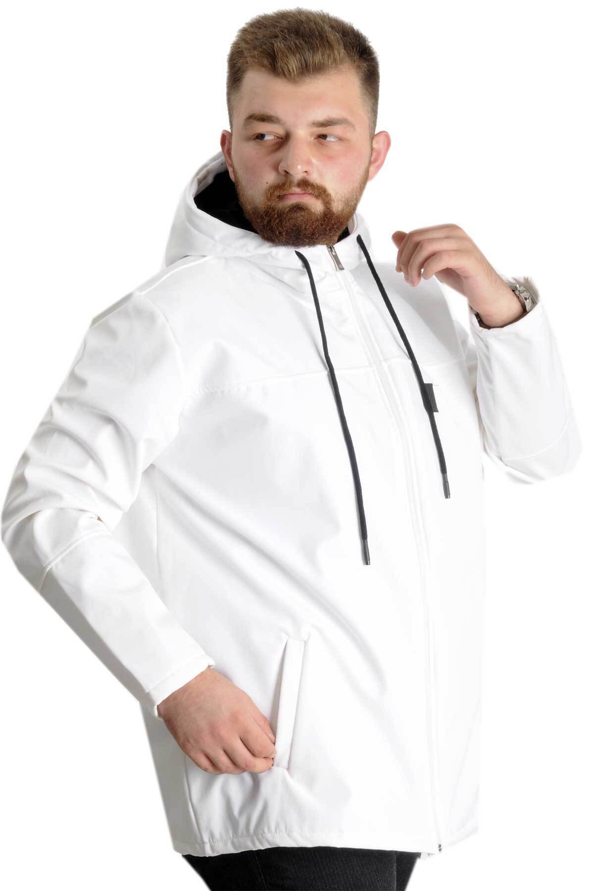 ModeXL Mode XL Büyük Beden Erkek Kapüşonlu Mont Waterproof Softshell 21235 Beyaz görsel 3