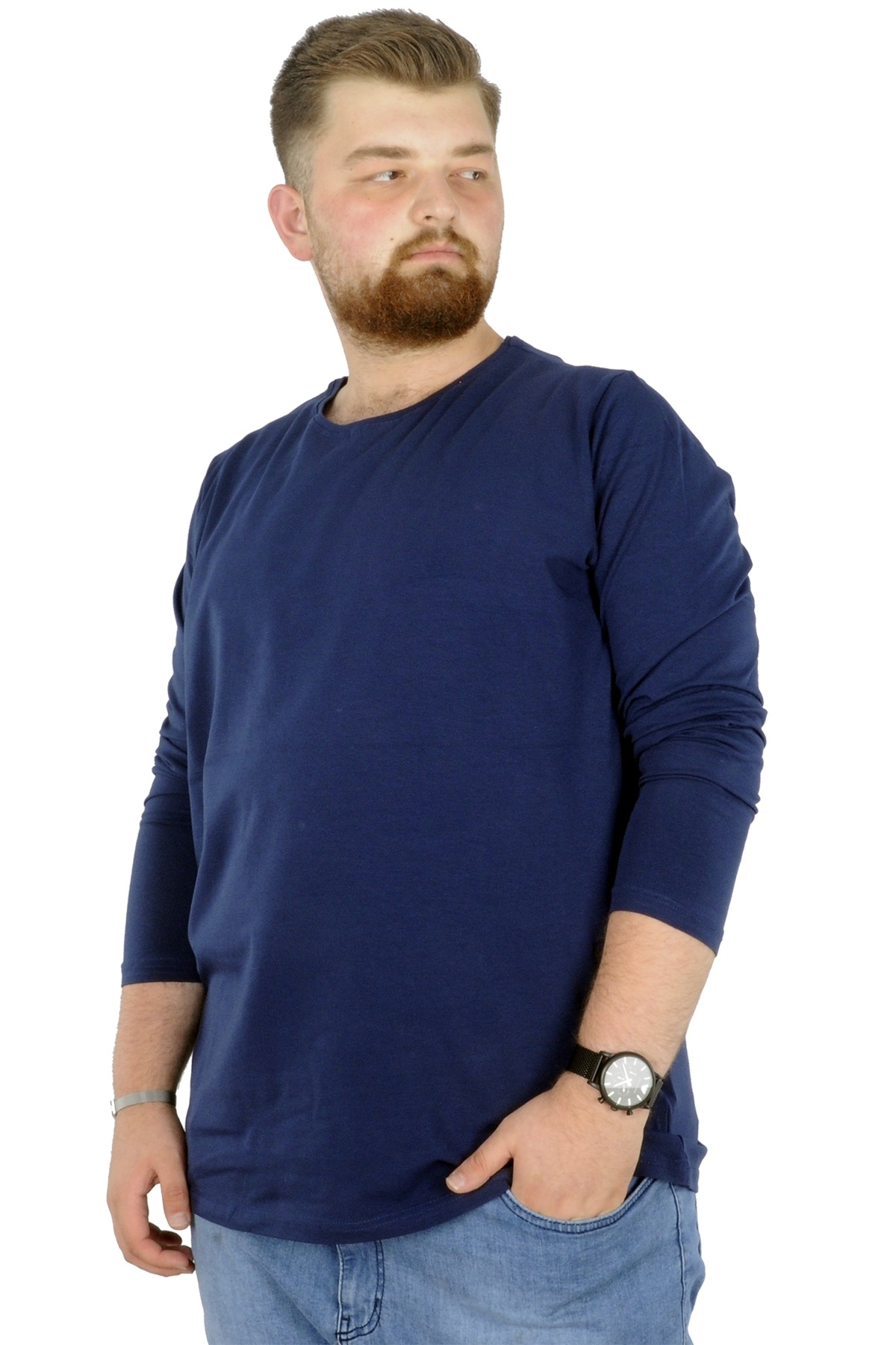 ModeXL Mode XL Büyük Beden Erkek Tshirt Likralı Bisiklet Yaka 20102 Indigo