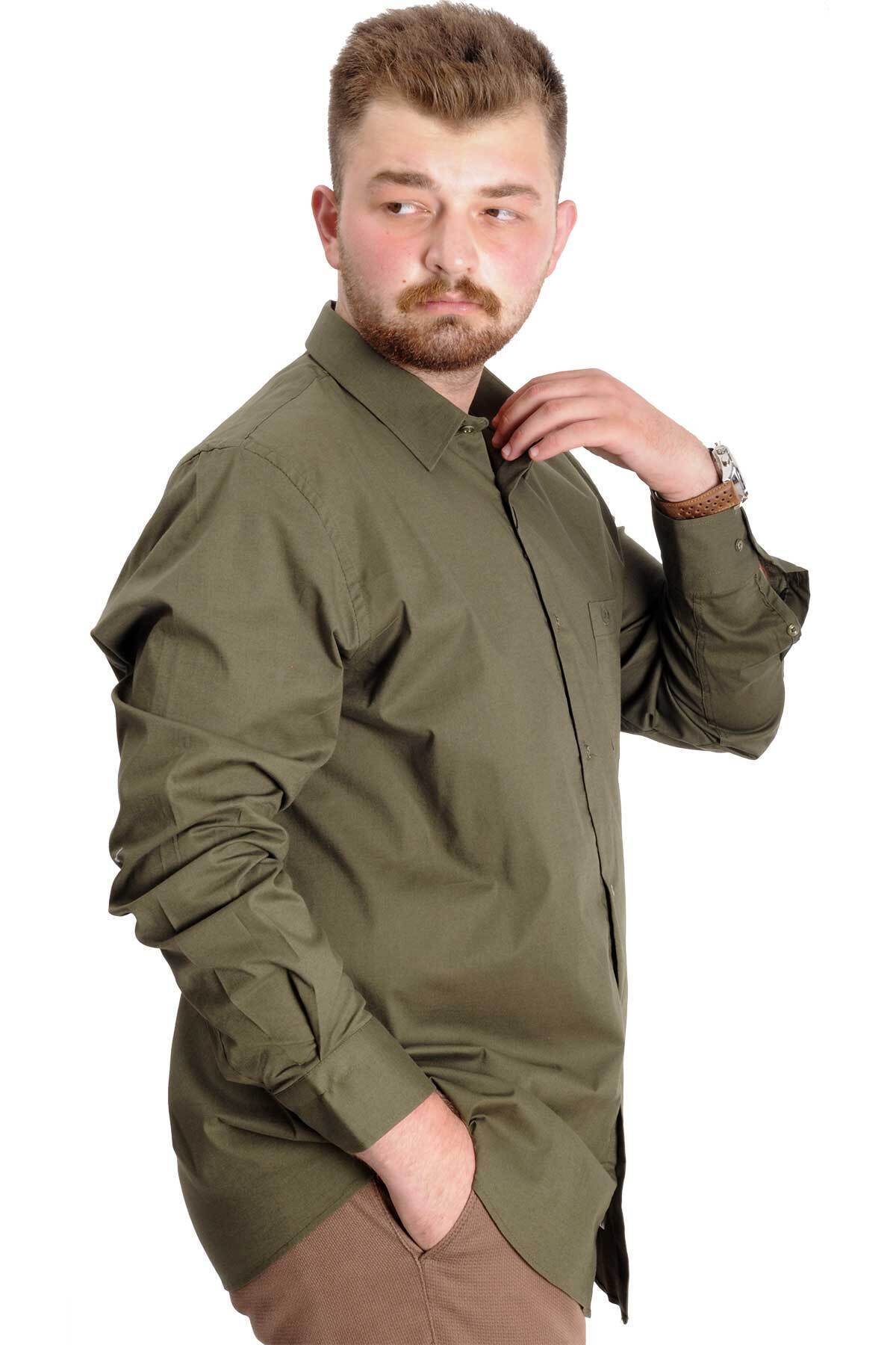ModeXL Mode XL Büyük Beden Gömlek Ukol Cep Lycra Poplin 20350 Haki görsel 3