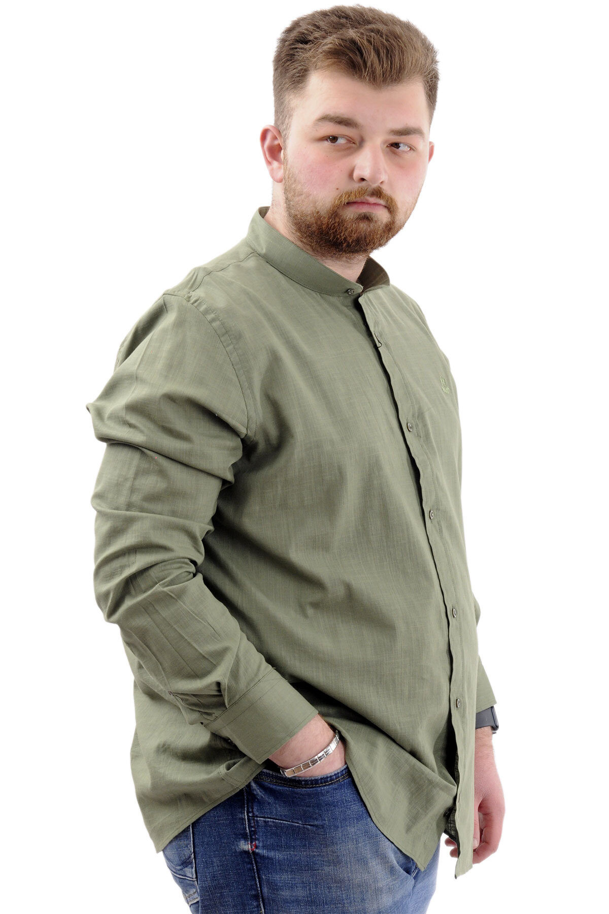 ModeXL Mode XL Büyük Beden Erkek Gömlek Uzun Kol Likralı Keten Gömlek U20385 Haki görsel 2