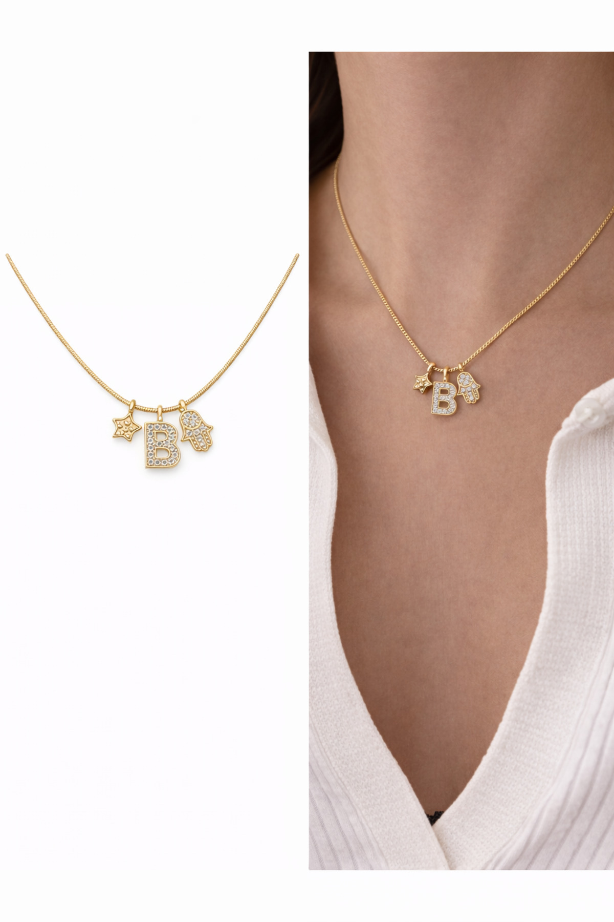 Hamsa Figürlü Yıldız ve Harf Charm Çelik Zincirli Gold Kadın Kolye (40 cm) – Sevgililer Günü Özel