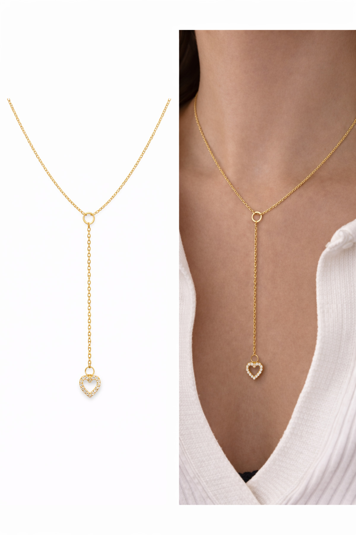 Taşlı Kalp Charm Altın Kaplama Y Model Kadın Kolye (45 + 6 cm) – Sevgililer Günü Özel