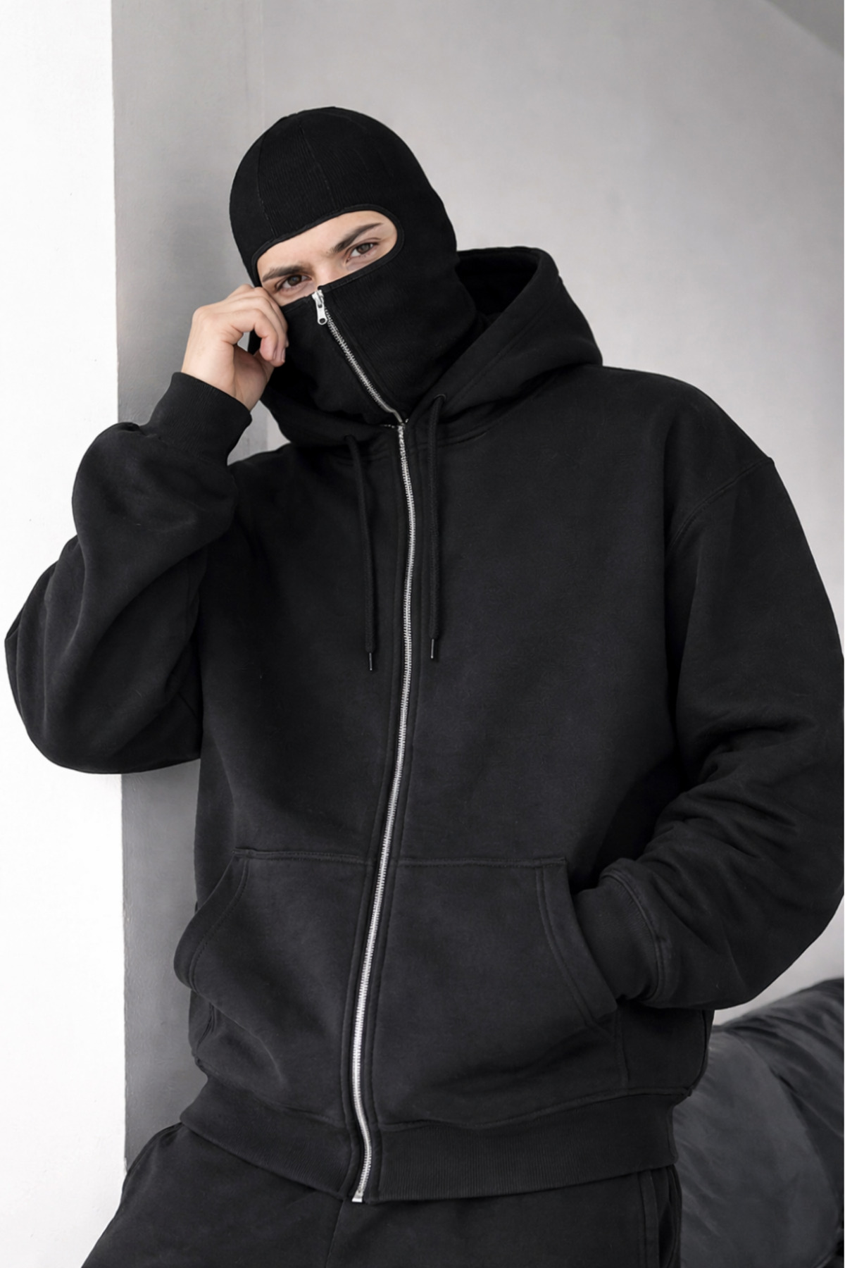 LAND MODA Snježna maskirana nindža unisex majica, kardigan, 3 niti, podignuta...