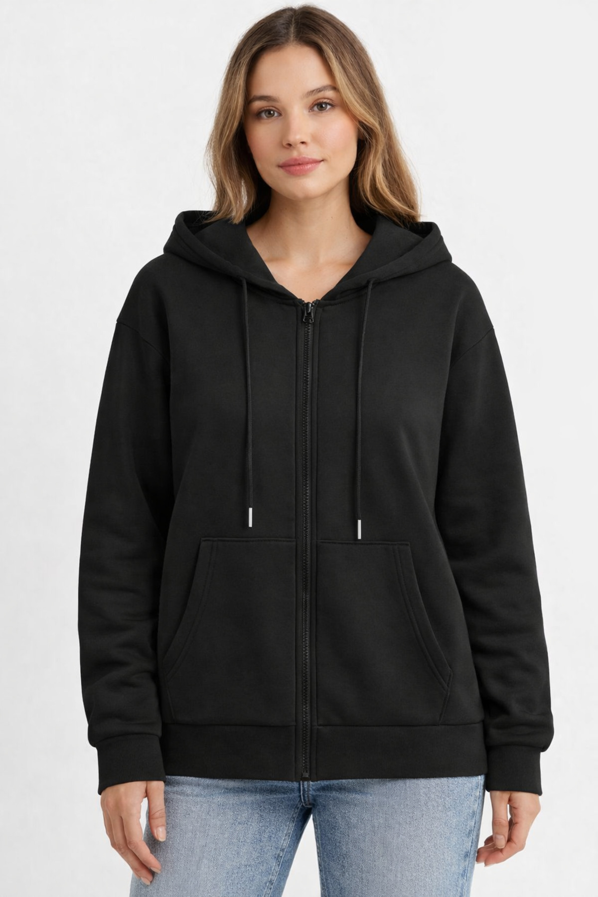 Siyah 2 İplik Mevsimlik Fermuarlı Kapüşonlu Unisex Polar Hırka Ceket