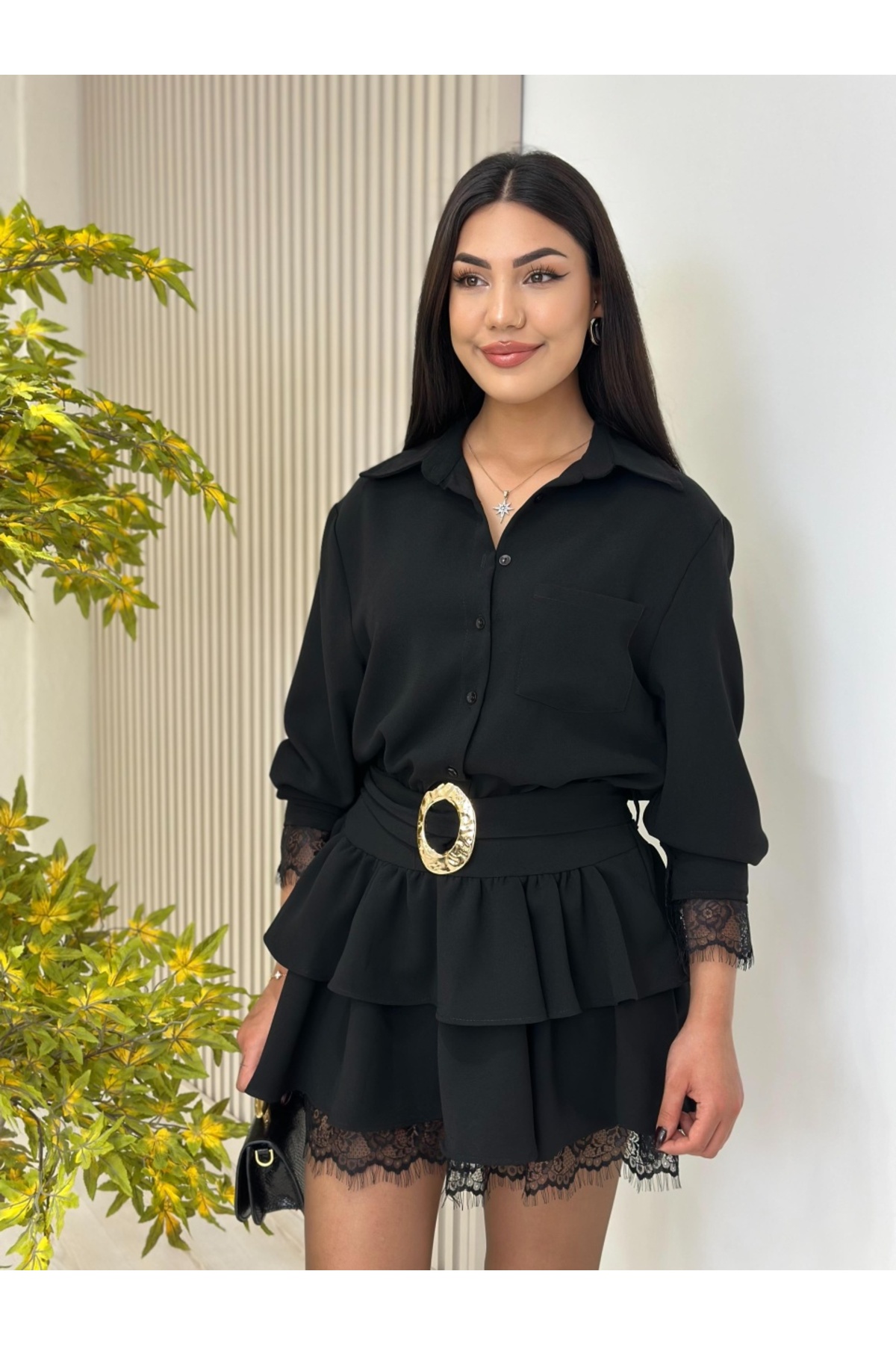 ADAMODA.RO Short elegant dress with ruffles and lace trim