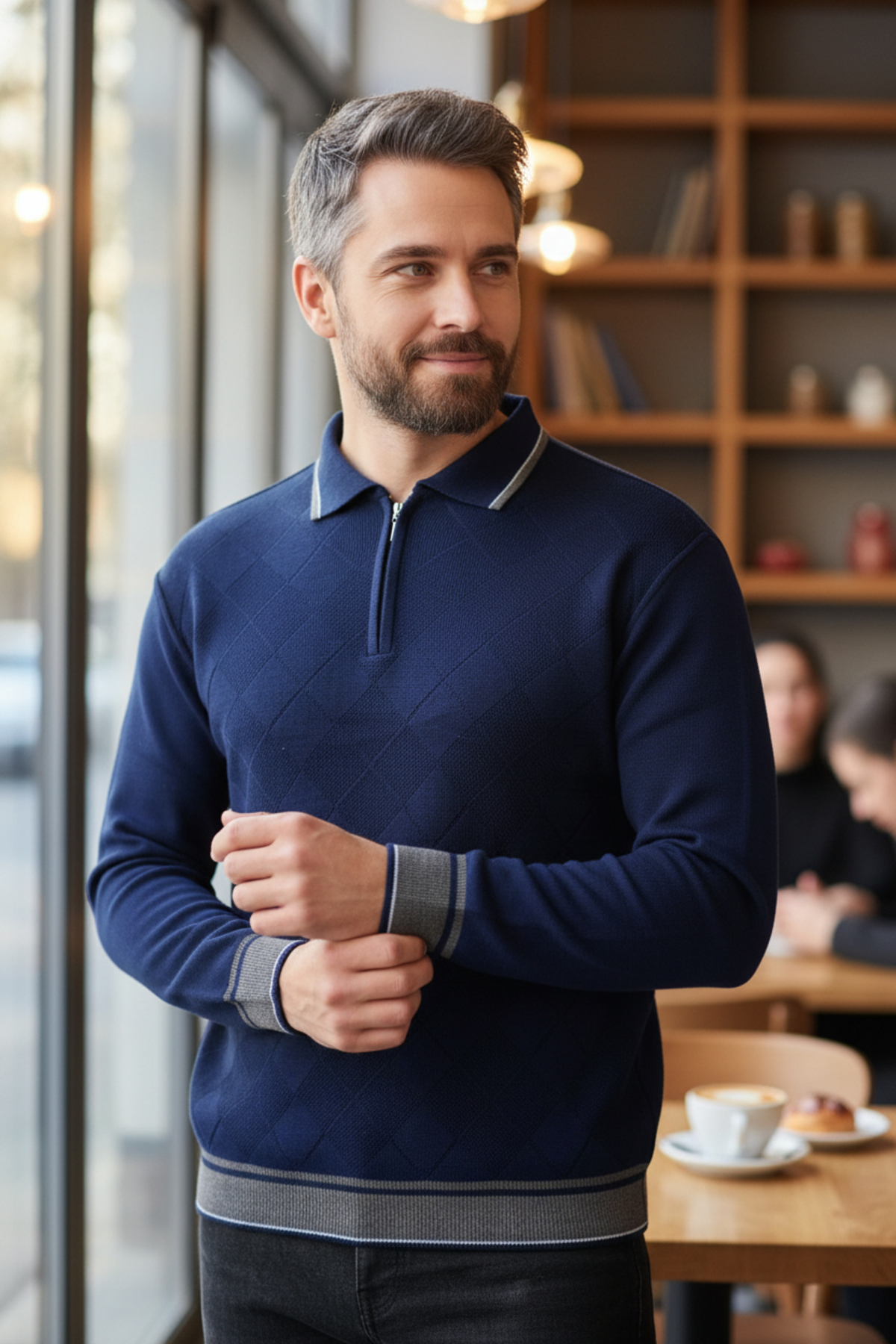 Kamalı  Erkek Lacivert Tüylenme Yapmayan Anti-pilling Standart Fit Normal Kesim Polo Yaka Triko Kazak - Görsel 7