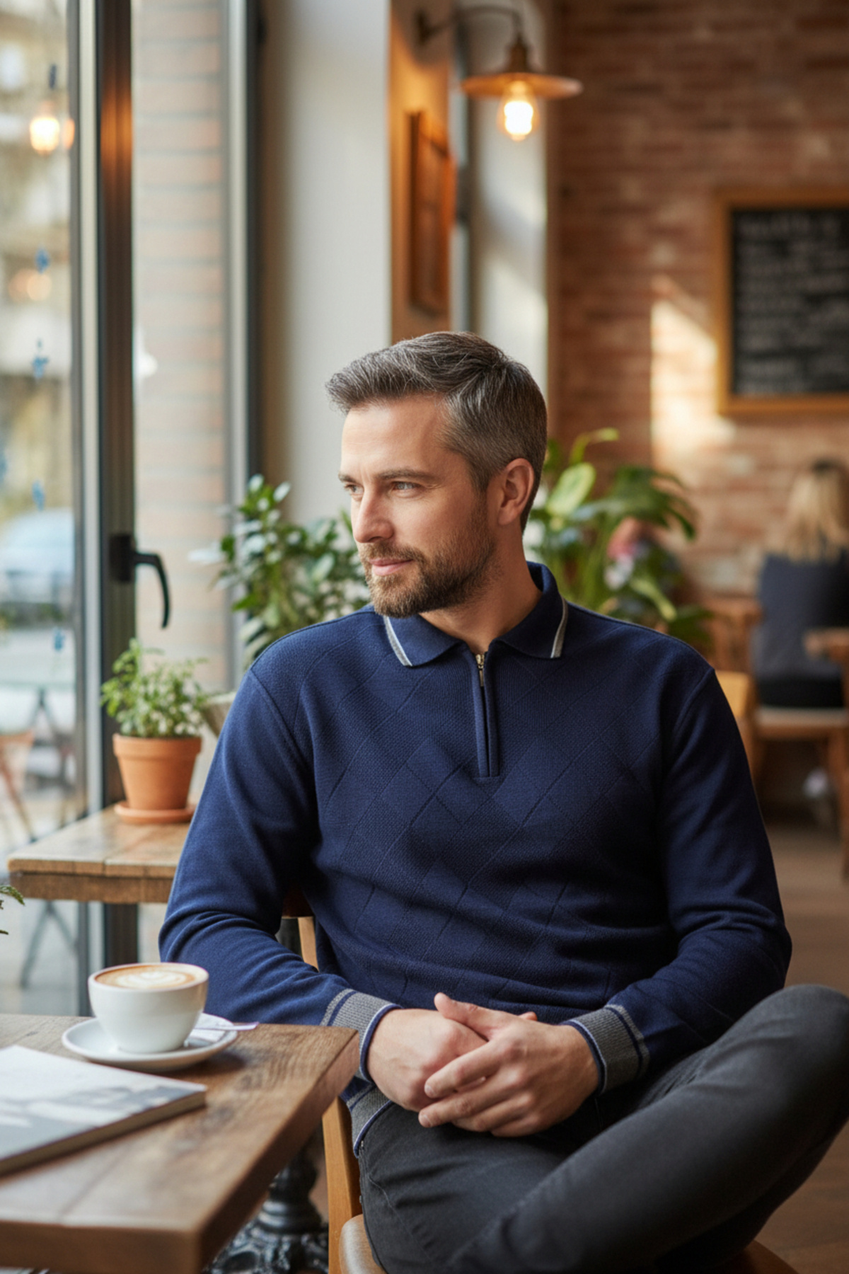 Kamalı  Erkek Lacivert Tüylenme Yapmayan Anti-pilling Standart Fit Normal Kesim Polo Yaka Triko Kazak - Görsel 3