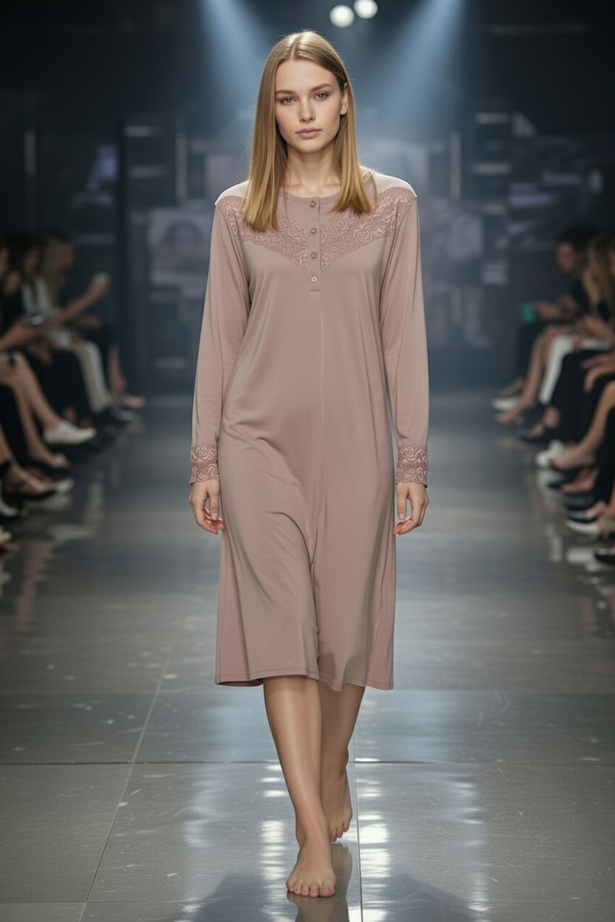 Aydoğan Kadın Dantelli Gül Kurusu Gecelik Uzun Kollu %95 Pamuklu B1-3 - 6044 - Aydogan ®