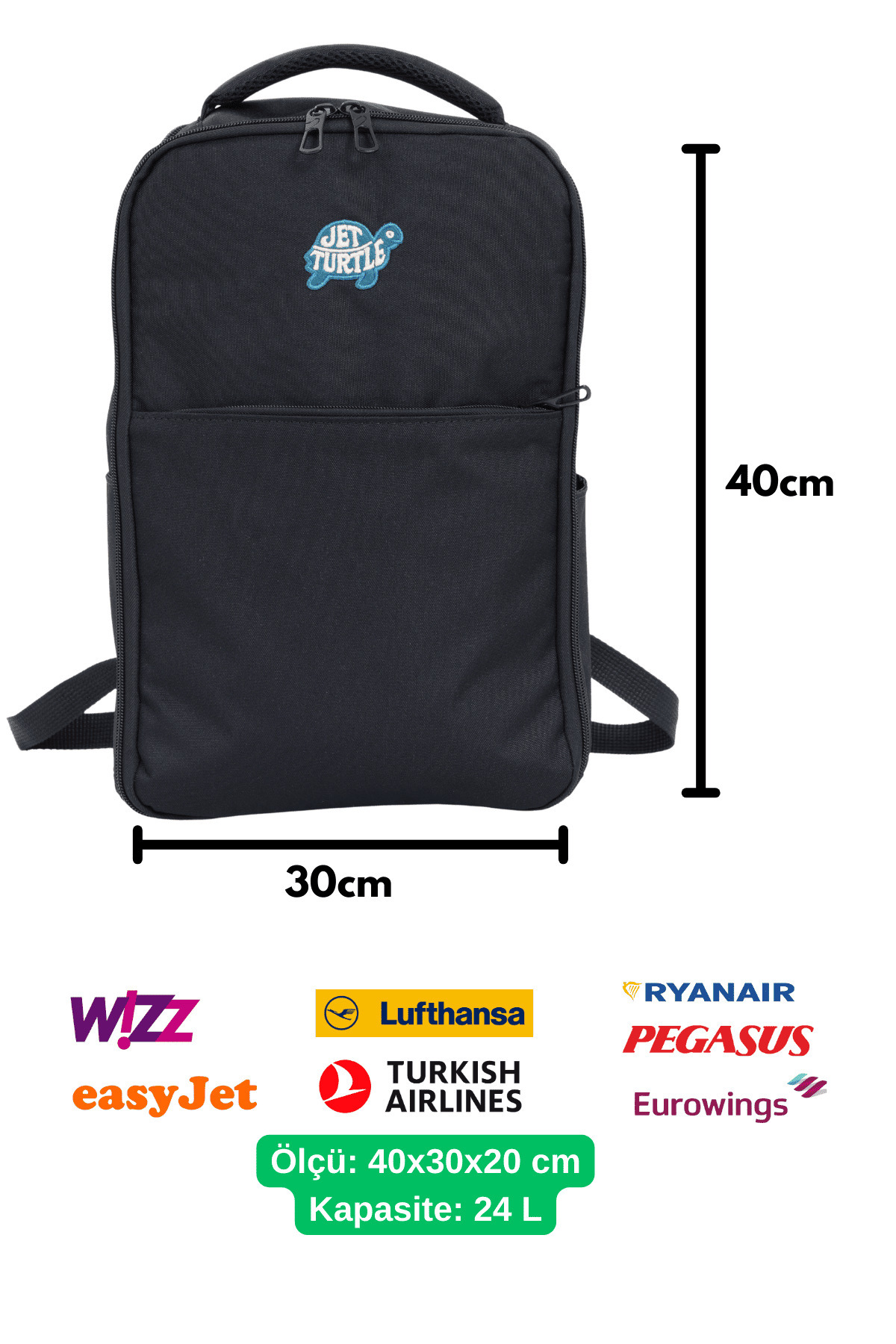 Jet Turtle  Seyahat Sırt Çantası 40cm 40x30x20 cm Pegasus, Wizz Air, Ryanair, El Valizi Koltuk Altı Valizi - Görsel 4