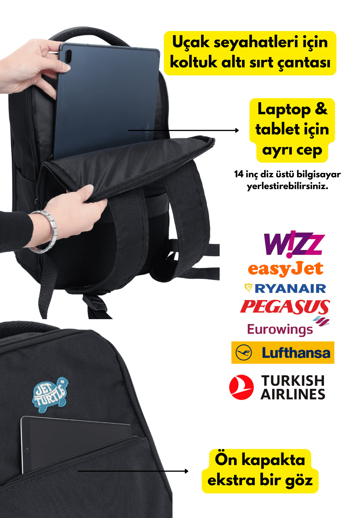 Jet Turtle  Seyahat Sırt Çantası 40cm 40x30x20 cm Pegasus, Wizz Air, Ryanair, El Valizi Koltuk Altı Valizi - Görsel 2