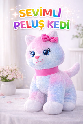 viyolmarketim Sesli Miyavlayan Renkli Peluş Kedi 40 cm | Tokalı Büyük Boy Yum...