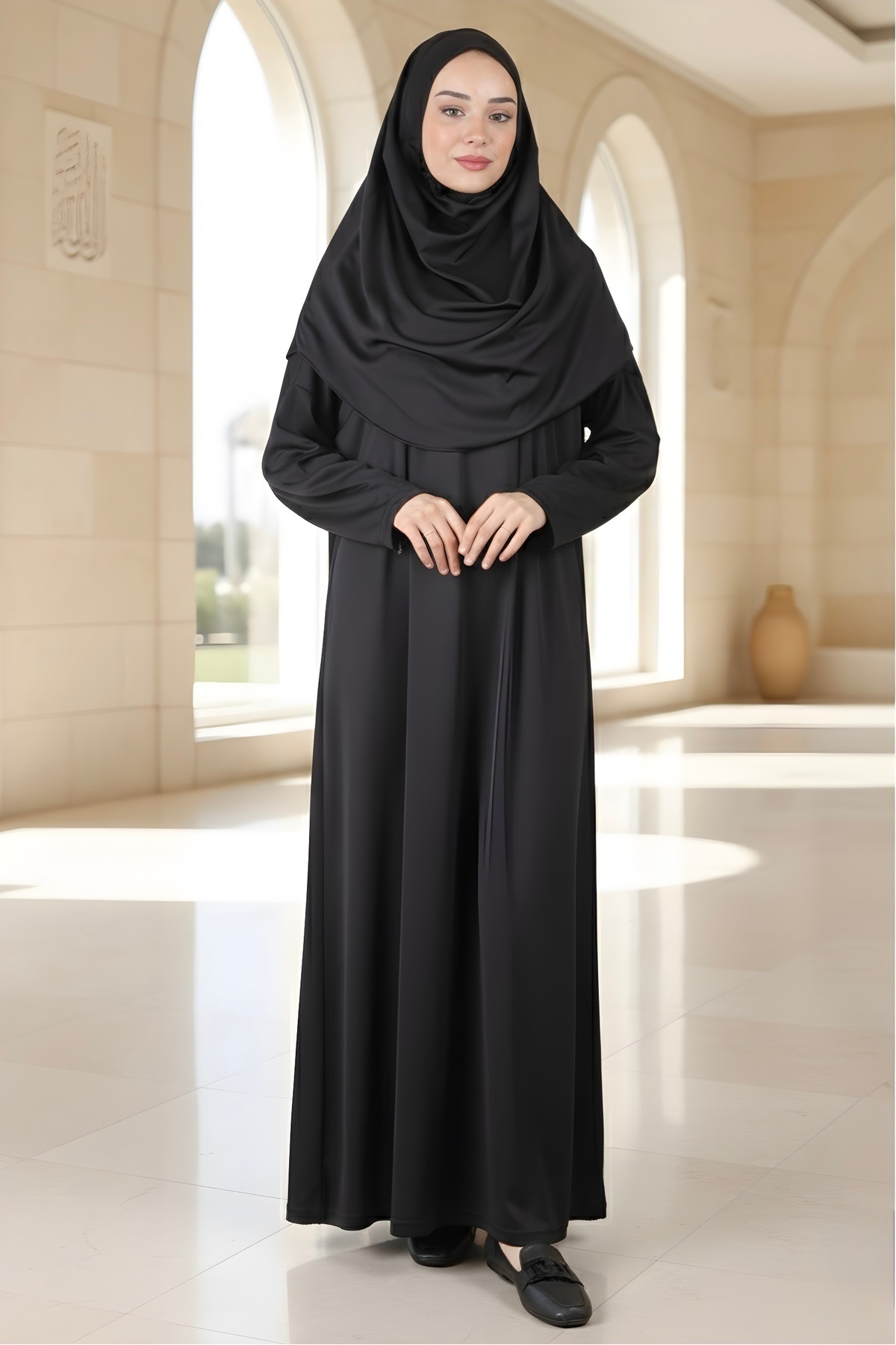 Black Easy to Wear Hijab One Piece Prayer Dress