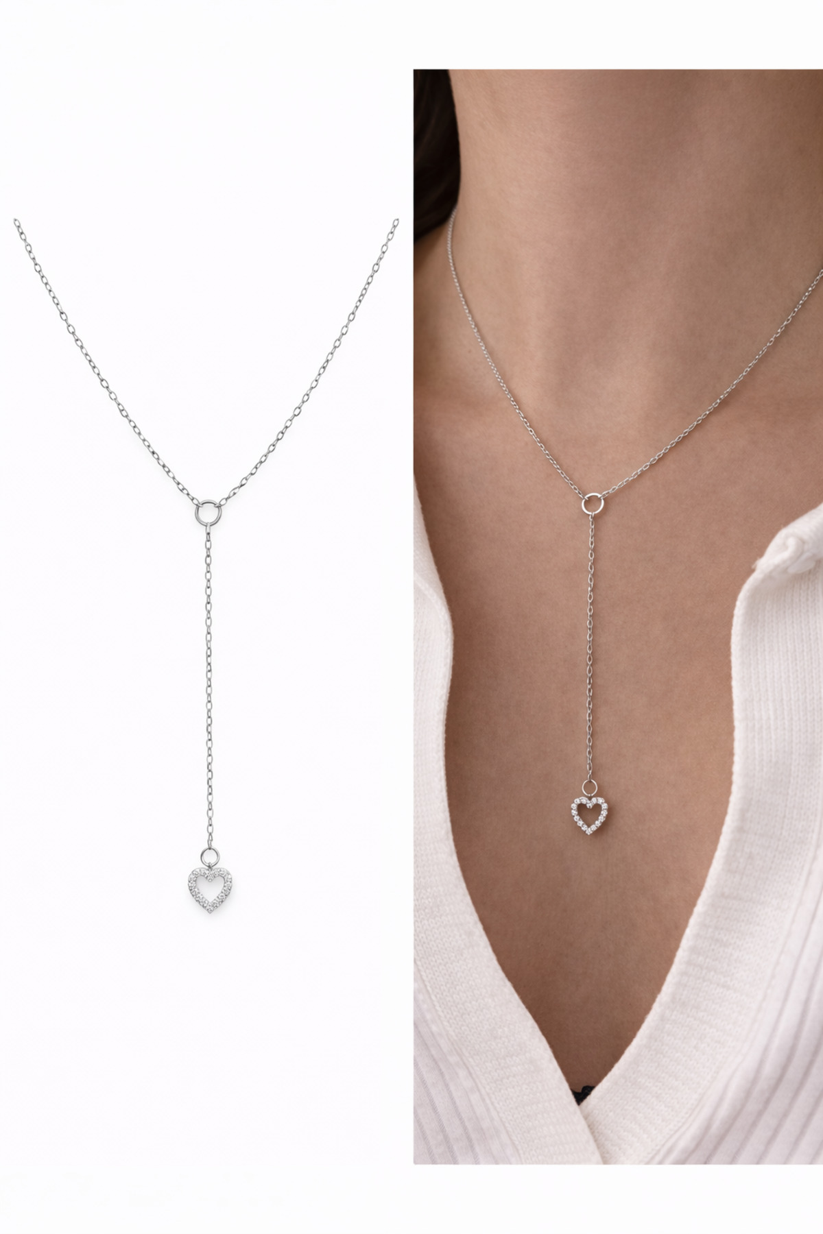 Gümüş Taşlı Kalp Charm Y Model Çelik Zincirli Kadın Kolye (45 + 6 cm) – Sevgililer Günü Özel