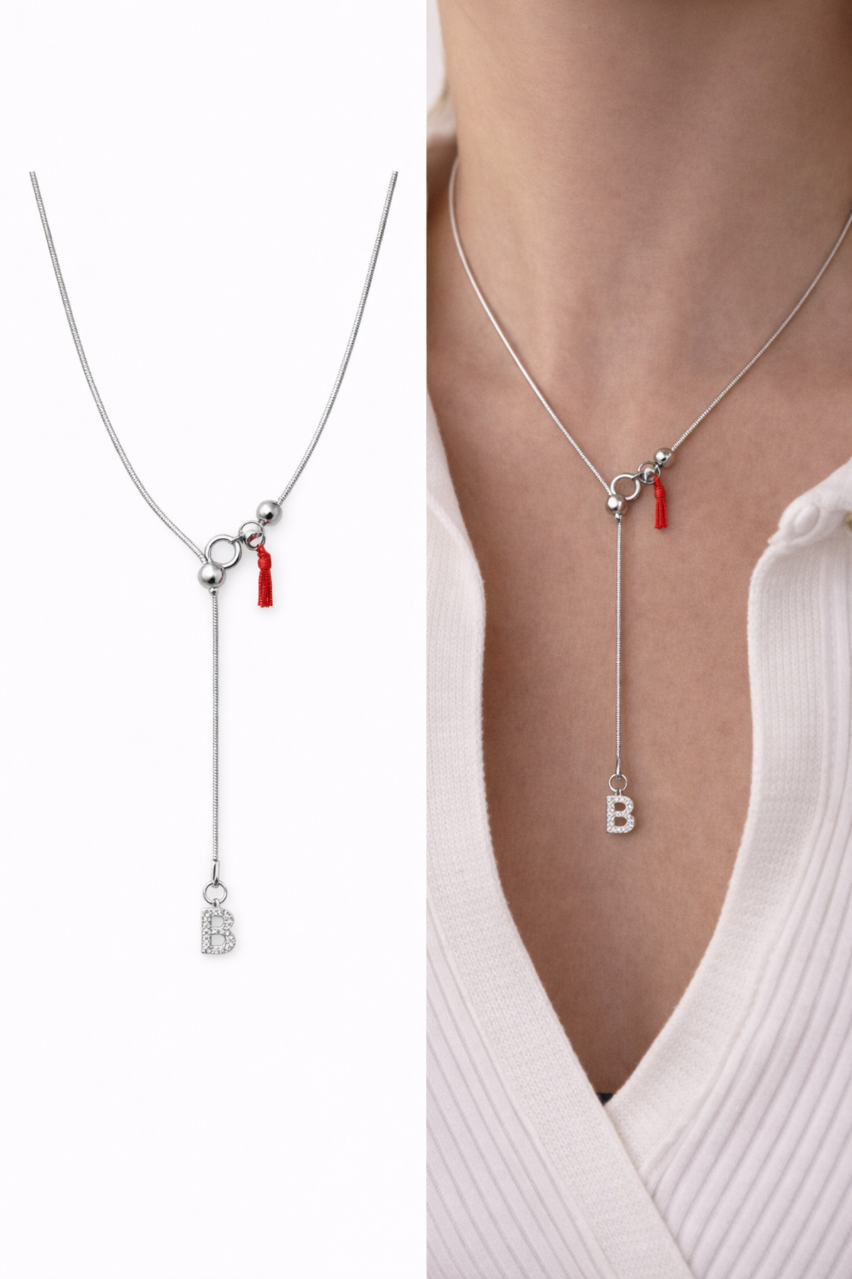 Harf Charm Dekolte Çelik Yılan Zincir Asansör Kadın Kolye (48 Cm) – Sevgililer Günü Özel - Detay Görseli 5