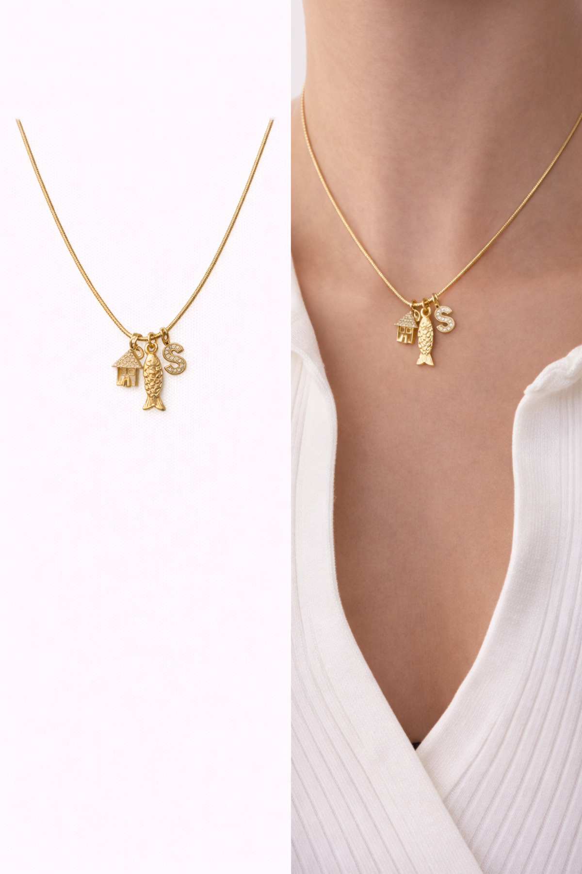 Taşlı Ev Ve Balık Figürlü Harf Charm Çelik Zincirli Gold Kadın Kolye (45 Cm) – Sevgililer Günü Özel