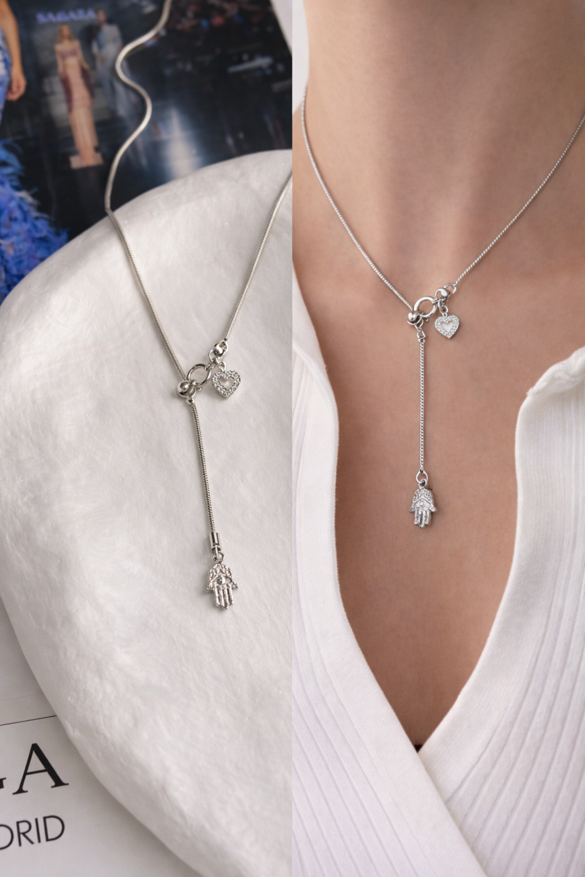 Hamsa ve Taşlı Kalp Asansör Çelik Kadın Kolye (45 cm) – Sevgililer Günü Özel