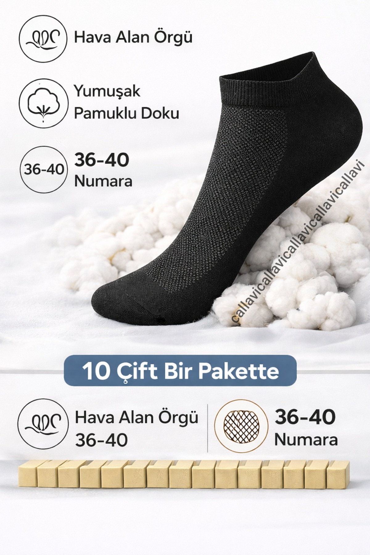 CALLAVI Siyah Patik Penye Pirinç Örgü 10çift görsel 4