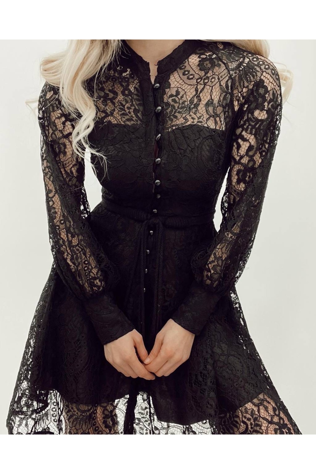 ahanora  Boydan düğmeli astarlı balon kol güpür elbise - Görsel 6