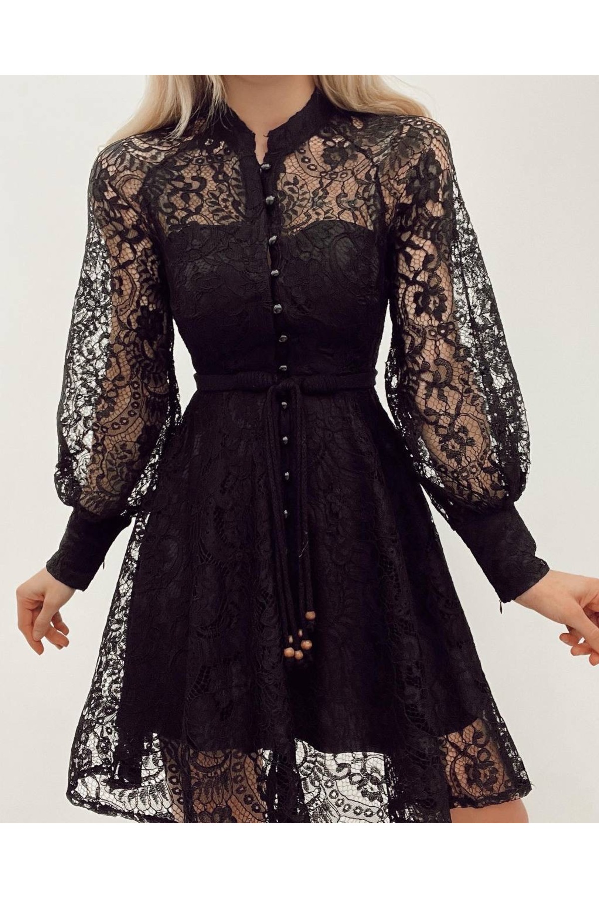 ahanora  Boydan düğmeli astarlı balon kol güpür elbise - Görsel 5