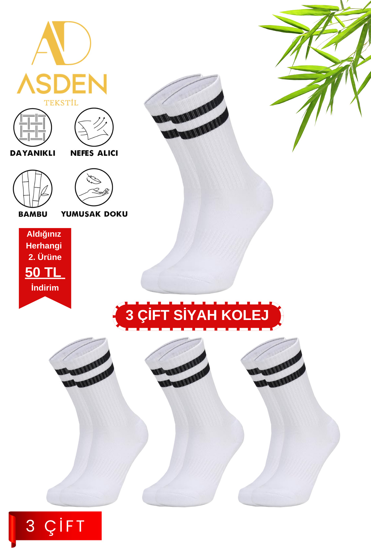 ASDEN Unisex Bambu Kolej Tenis Çorap Premium, Siyah Çizgili 3'lü Paket