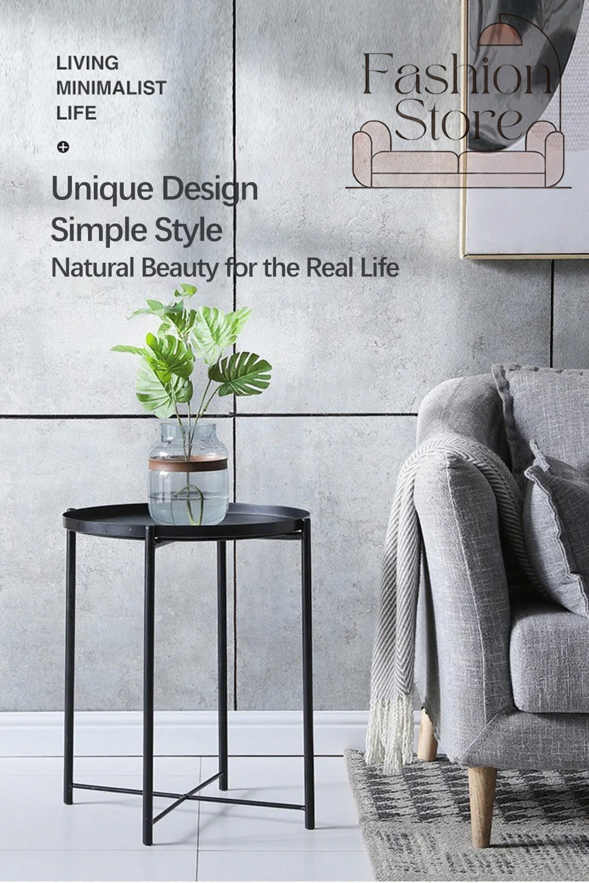 طاولة دائرية من الفولاذ الأسود من فاشن، مقاس 45 × 53 × 45 سم