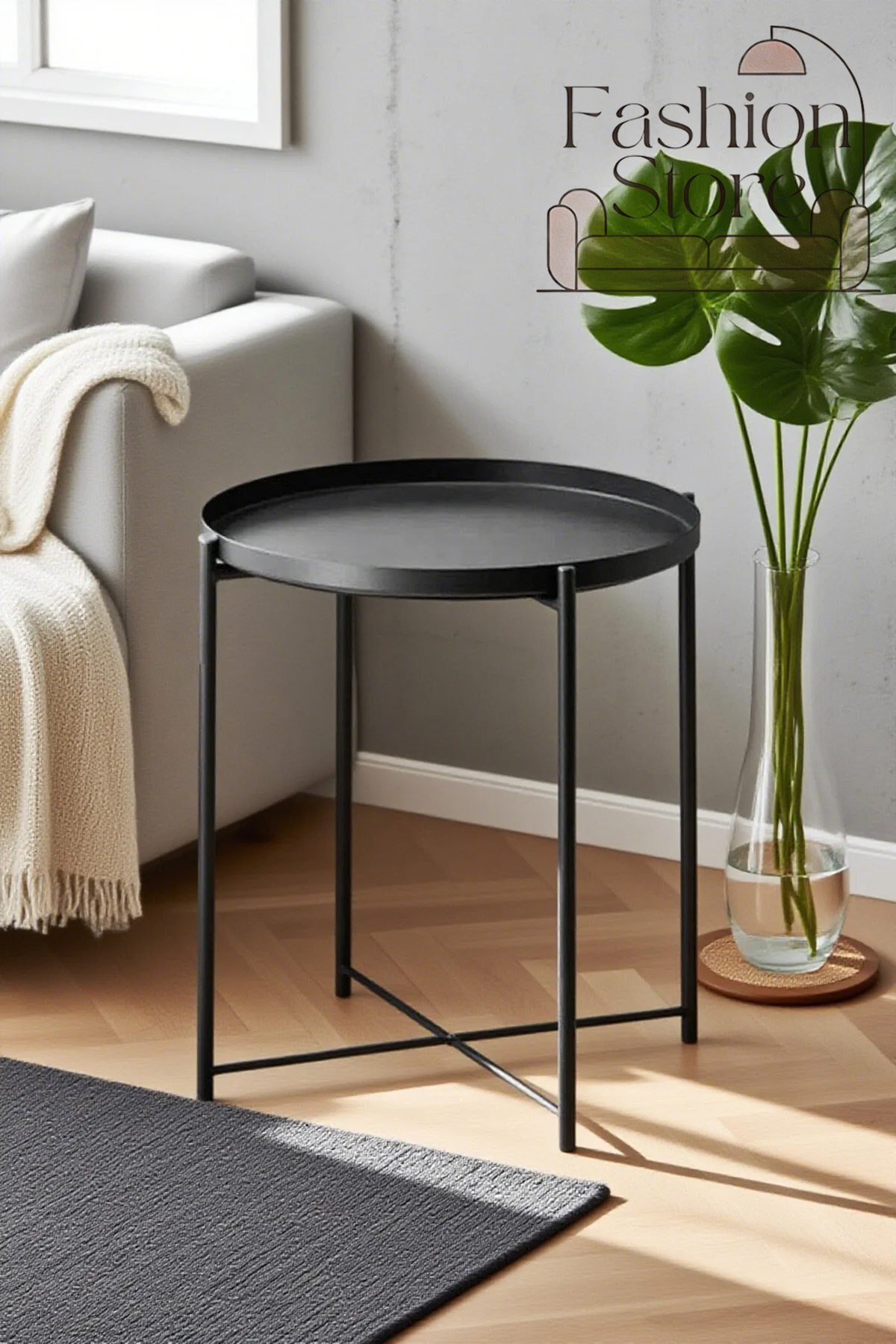 طاولة دائرية من الفولاذ الأسود من فاشن، مقاس 45 × 53 × 45 سم