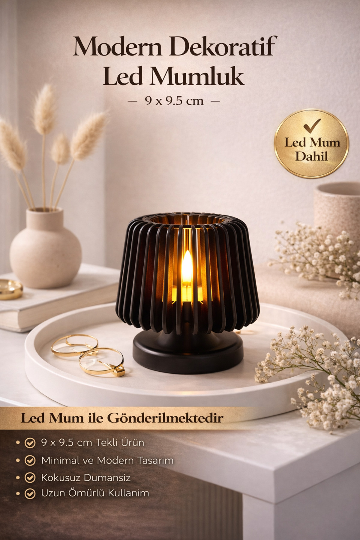 Modern Black led Candle Holder – Decorative Lighted Candle Holder | 9x9.5 cm | led Candle Included | Stylish Table & Home Decor